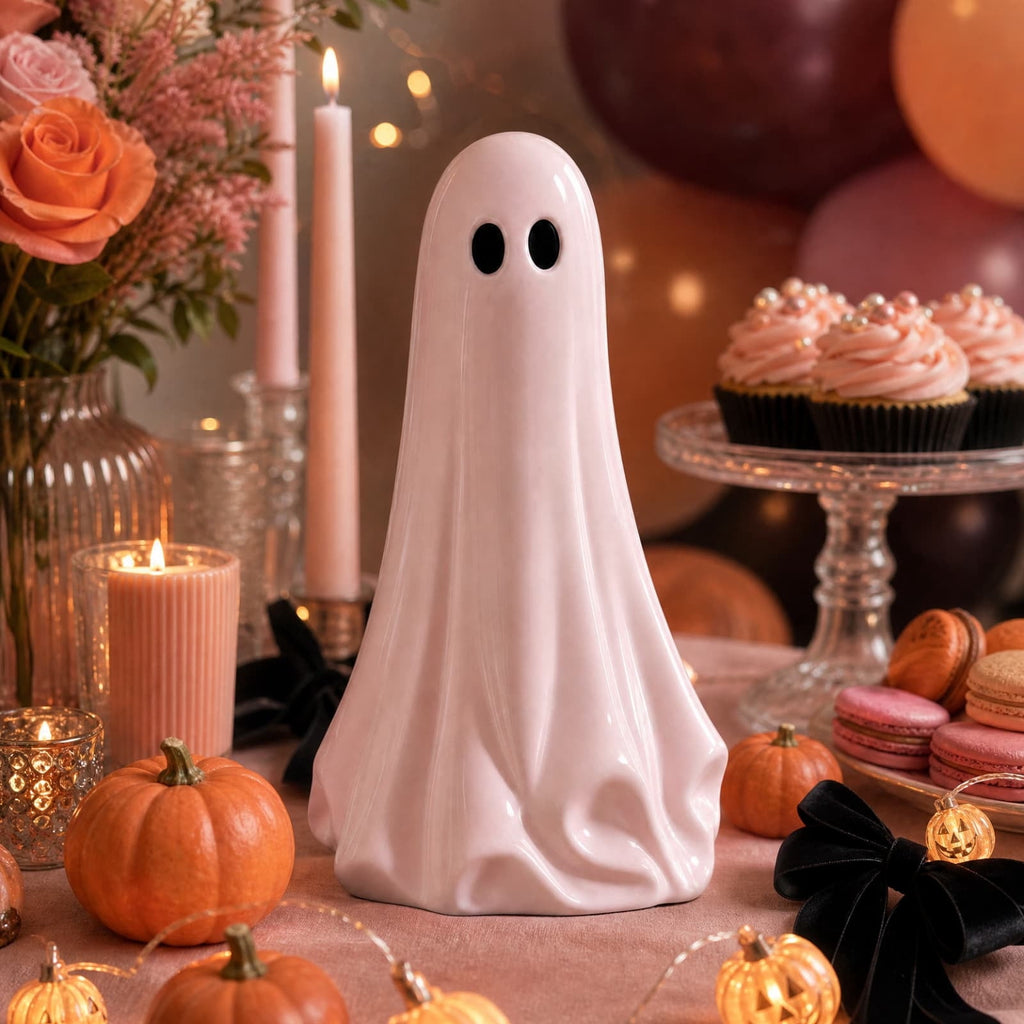 Pink Halloween Decor Ghost Candy Bowl Figurine with Bow and Scalloped Holder for Indoor Tabletop Decor and Party Favor Display