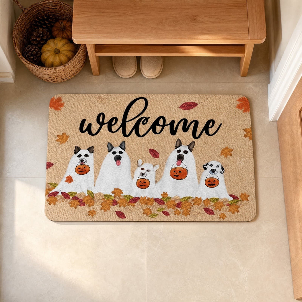 Bklubk Welcome Ghost Dog Pumpkin Maple Leaf Halloween Front Door Mat Fall Season Entryway Decor Rug