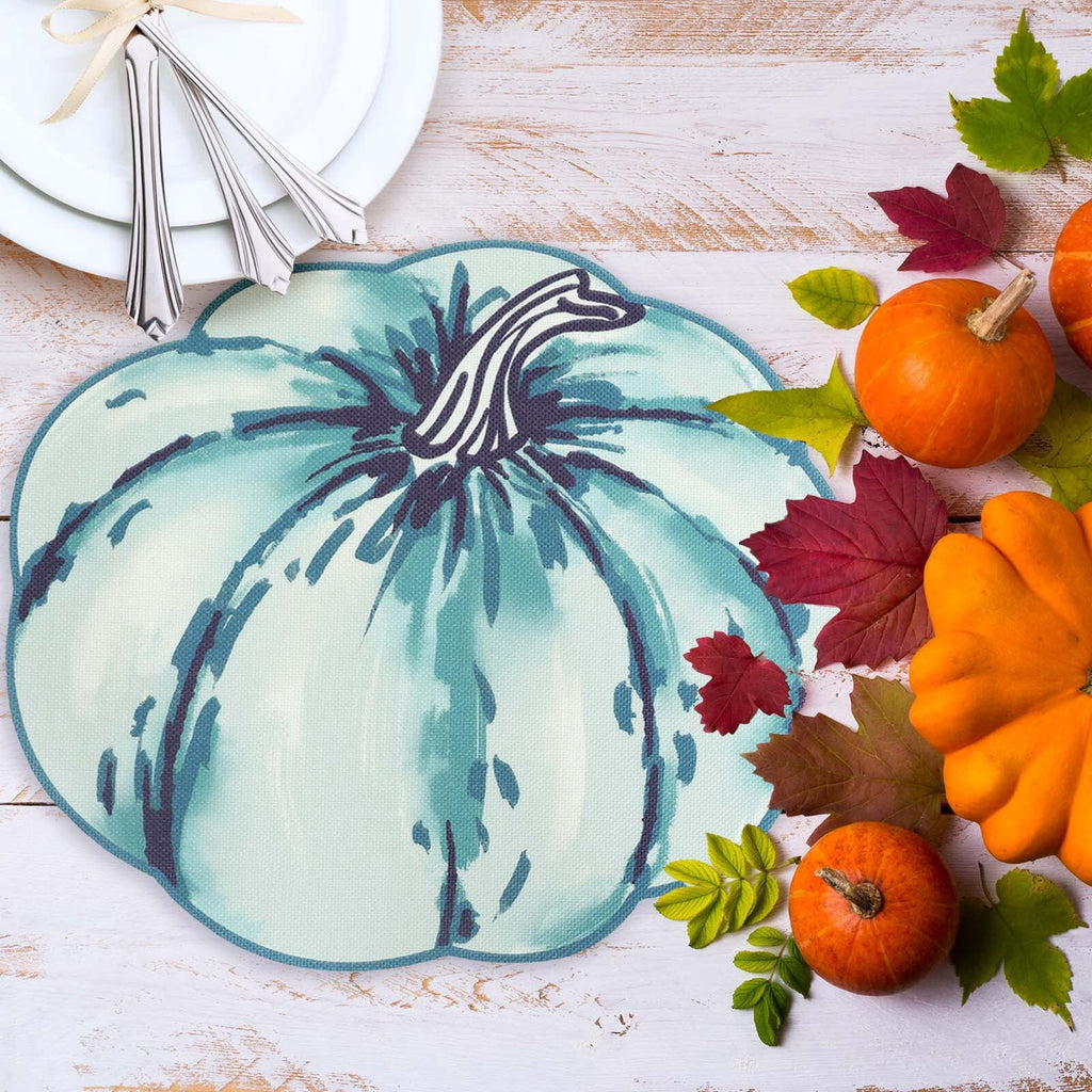 OVZME 4PCS Fall Placemats, Autumn Printed Pumpkin Place Mats for Kitchen Dining Table, Thanksgiving Harvest Halloween Holiday Decor Placemat, Water-Proof, Each 13" x 15", Dark Blue