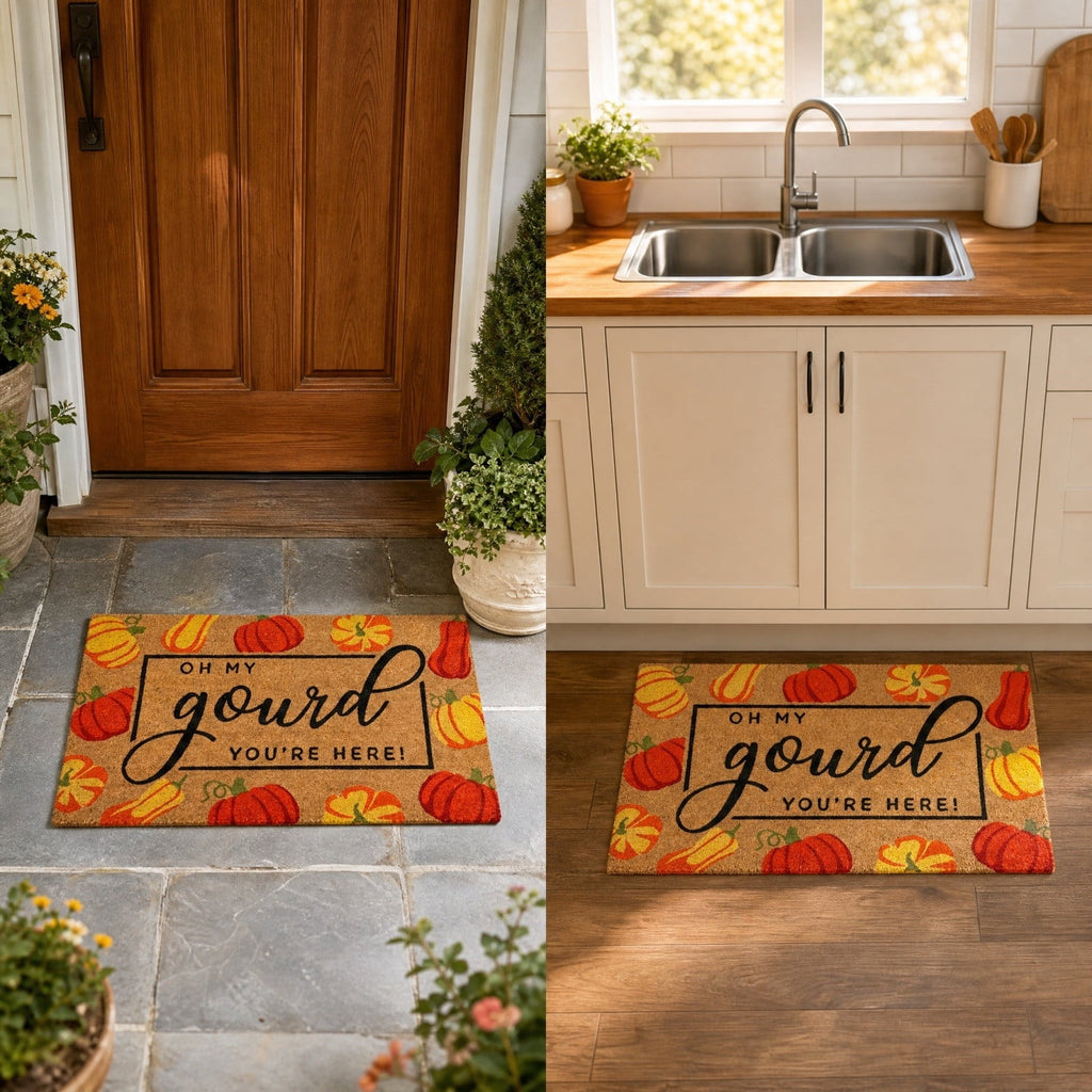Fall Pumpkin Coir Doormat, Oh My Gourd Anti-Slip Front Door Mat Vintage Harvest Thanksgiving Halloween Entryway Floor Rug