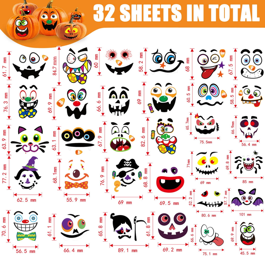 Ayieyill 64 Packs Halloween Stickers Pumpkin Decorating Stickers for Children , 32 Sheet Small Pumpkin Face Stickers for Halloween Party Supplies Trick or Treat Party Favors