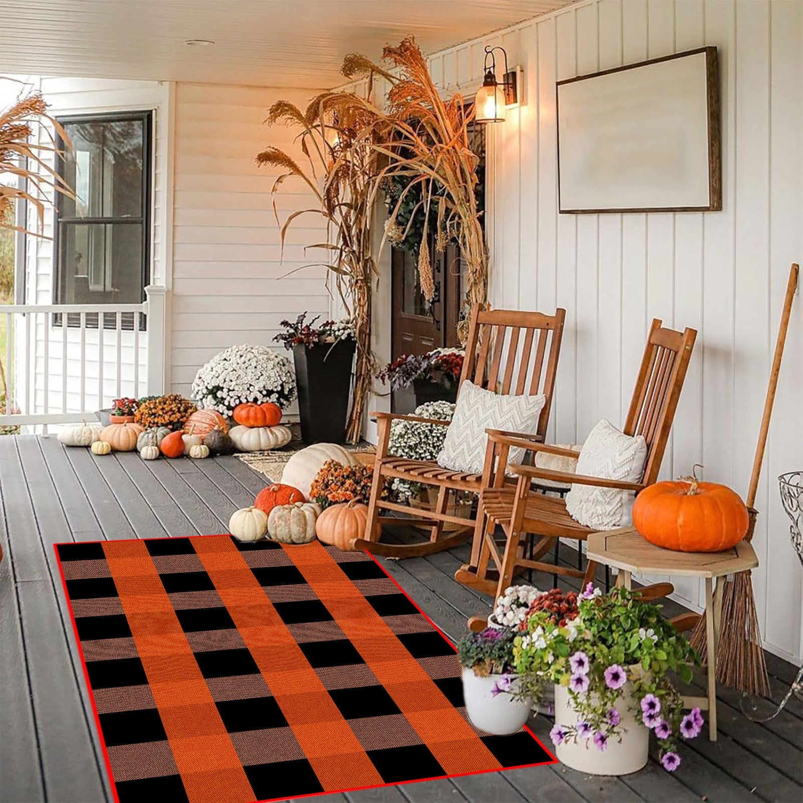 Halloween Fall Outdoor Rug Plaid Rug Foldable Floor Mat for Thanksgiving Front Door Front Porch Farmhouse Entryway Patio Decoration