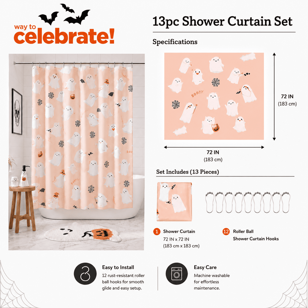 Way To Celebrate 13-Piece Cute Ghost Shower Curtain Set with 12 Hooks, Pink