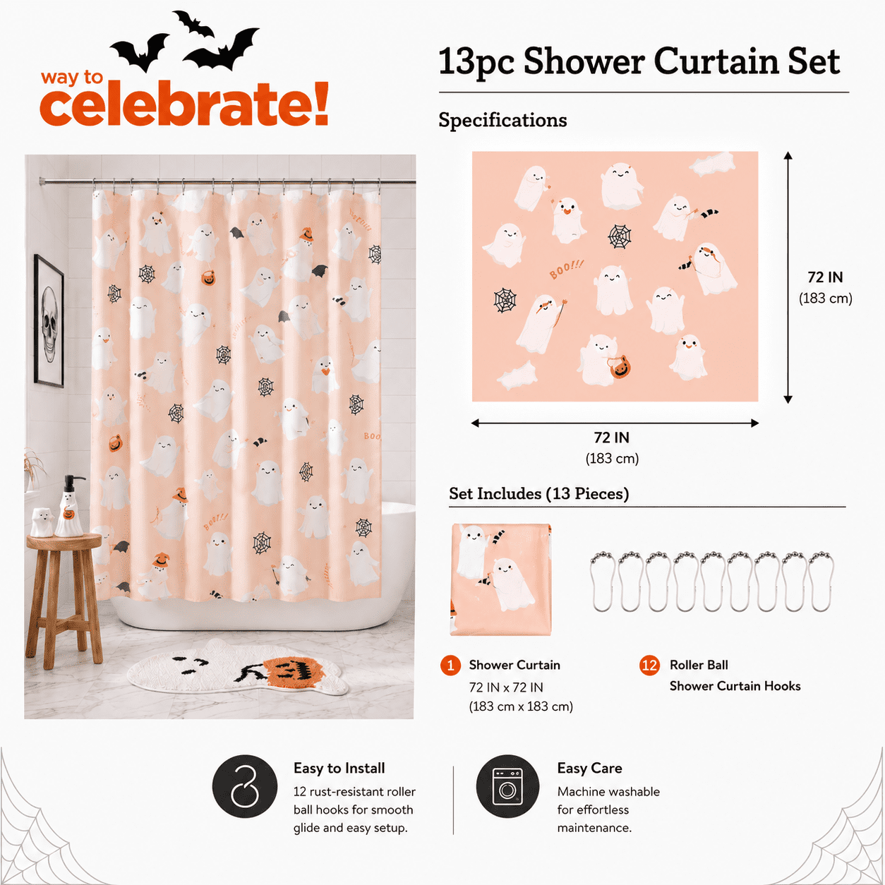 Way To Celebrate 13-Piece Cute Ghost Shower Curtain Set with 12 Hooks, Pink