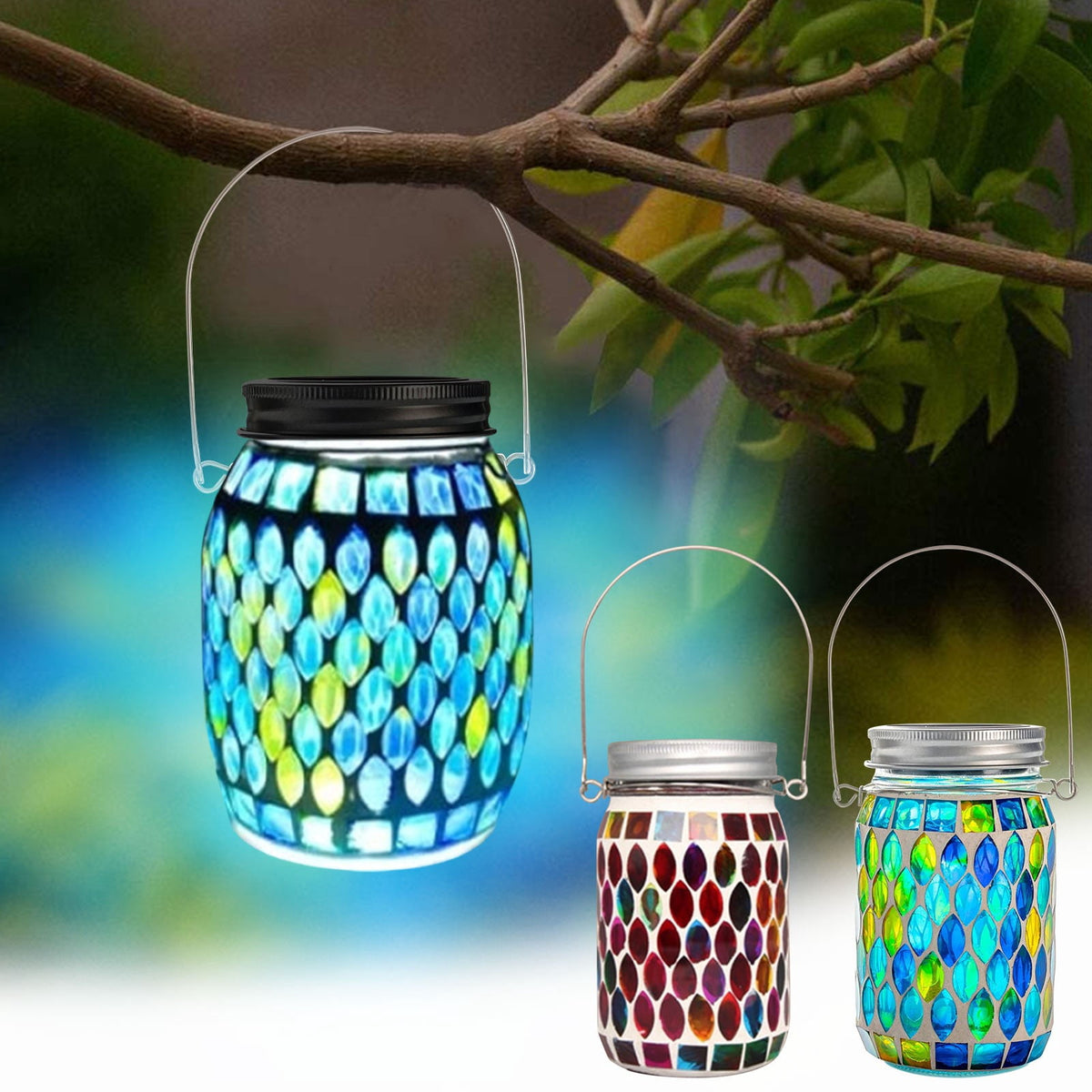 Hanging Solar Lantern,Solar Jar Light,Outdoor Waterproof Mosaic Glass Hanging Solar Lantern for Garden,Decorative Solar Lamp LED Night Light for Backyard(Blue 6*4.5in)