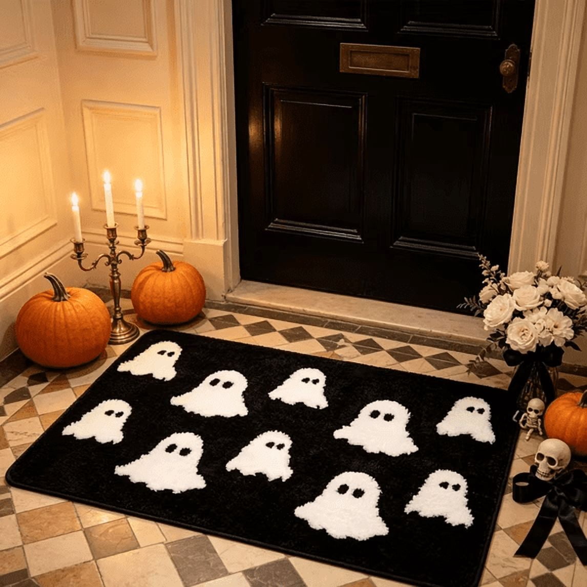 Halloween Doormat Ghost Bath Mat 23.6x15.7in Secure-Grip Absorbent Soft Faux Fur Rug for Bathroom Bedroom Living Room Decor by OVFUIZ