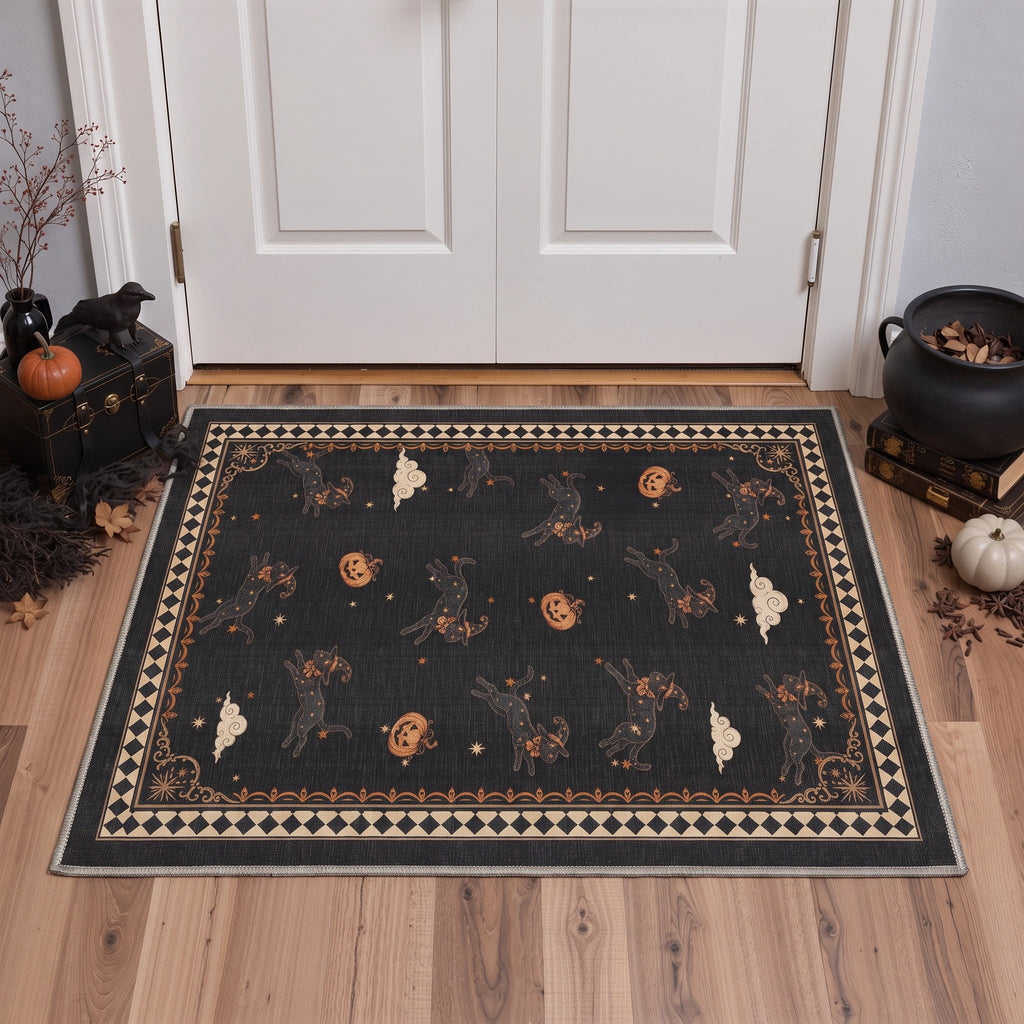GENIMO 2'x7' Halloween Runner Rug, Washable Non Slip Soft Whimsical Skeleton Indoor Outdoor Hallway Runner for Porch Patio Kitchen Entryway, Charcoal Black