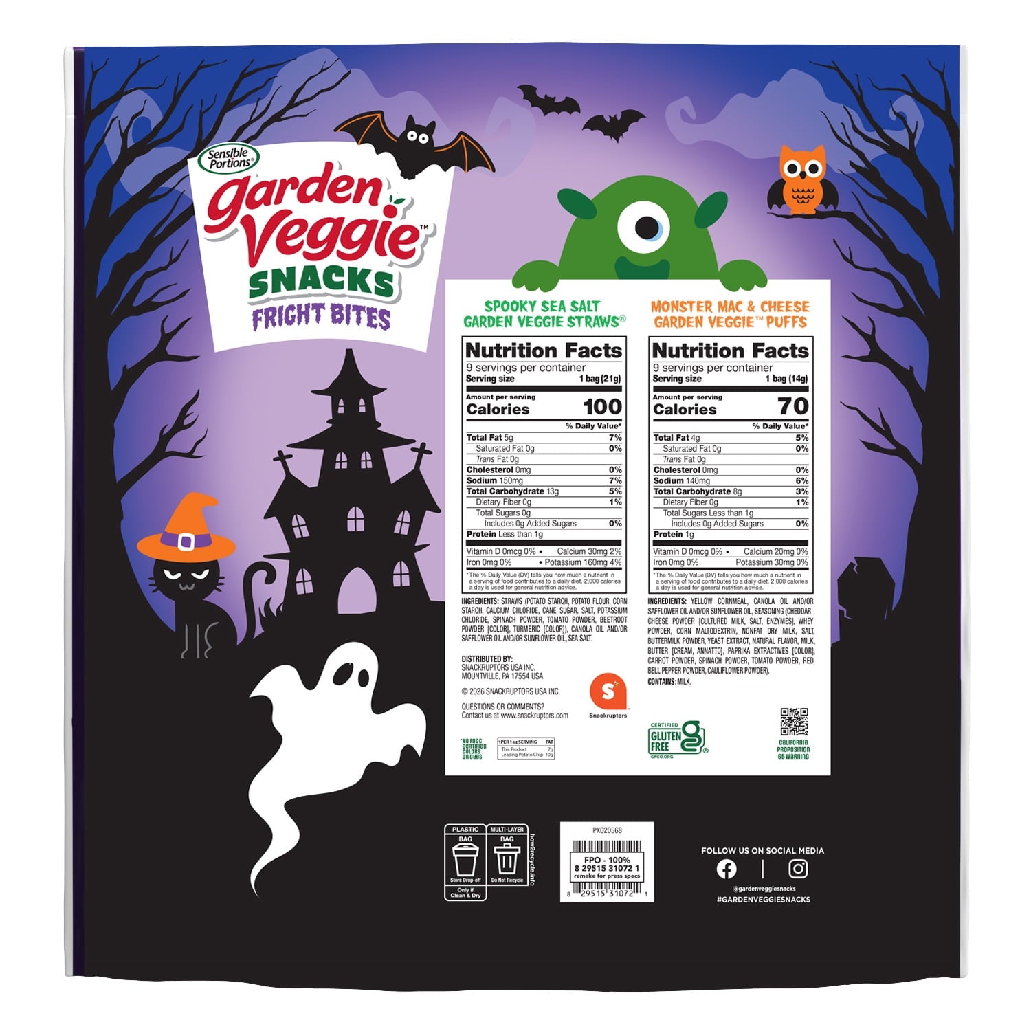 Garden Veggie Fright Bites Sea Salt Straws & Cheese Puffed Snack, 18 Count Multipack