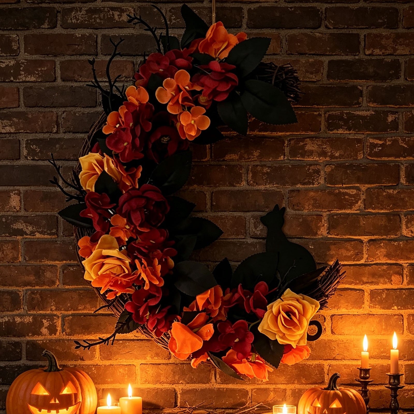Gcvizuso Halloween Crescent Floral Wreath, Orange Red Rose Hydrangea Fall Front Door Decor for Autumn Harvest Celebration