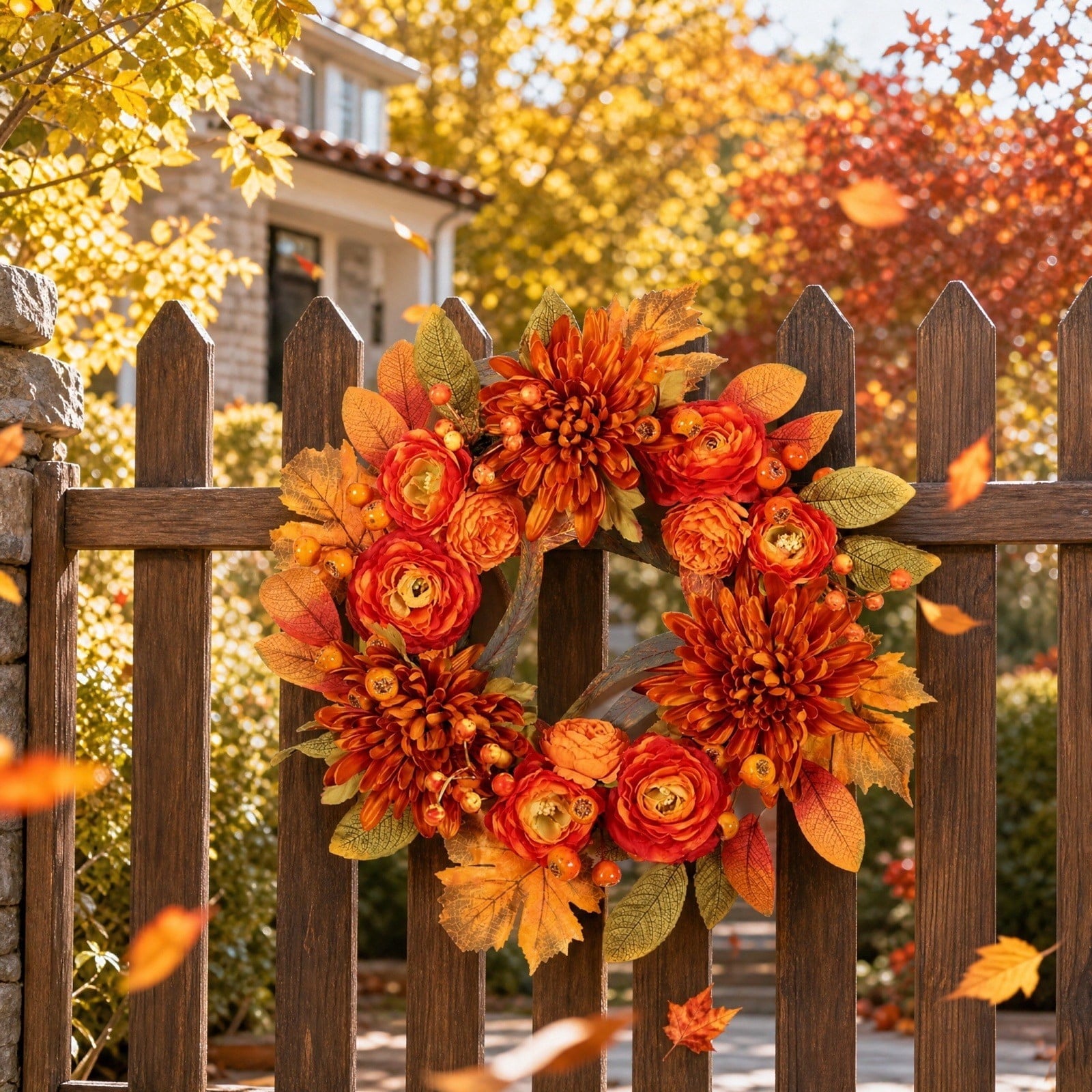 HOARBOEG Handmade Wrought Iron Maple Leaf Wreath, Thanksgiving Rudolph Fall Harvest Door Hanging, Orange Metal Autumn Wreath with Berries, Garden Wall Decor, 15.75 in