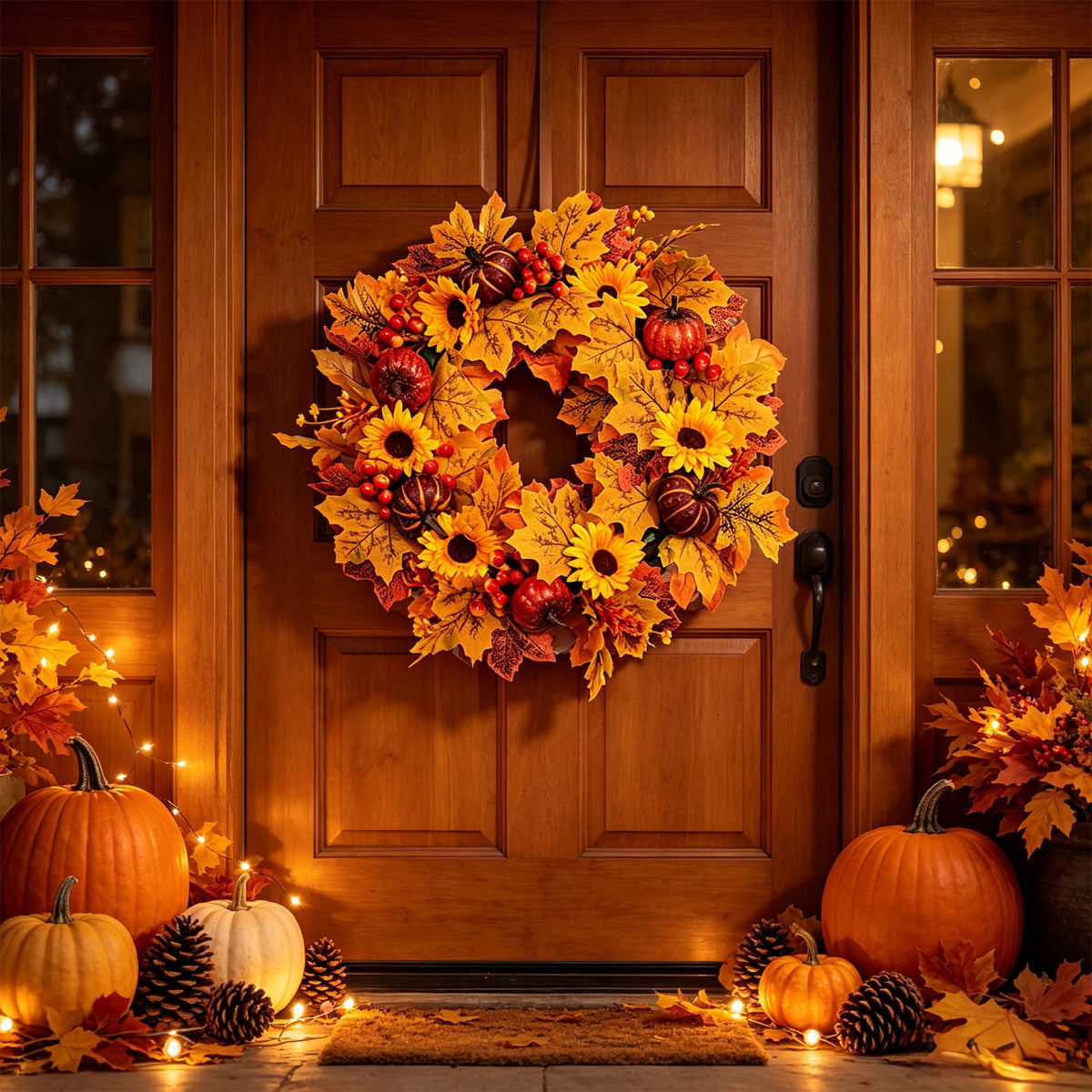HOARBOEG Autumn Harvest Sunflower Wreath, Artificial Pumpkin Maple Leaf Fall Wreath for Front Door, 21.65 in Thanksgiving Wall Hanging Decor, Outdoor Indoor Harvest Decor