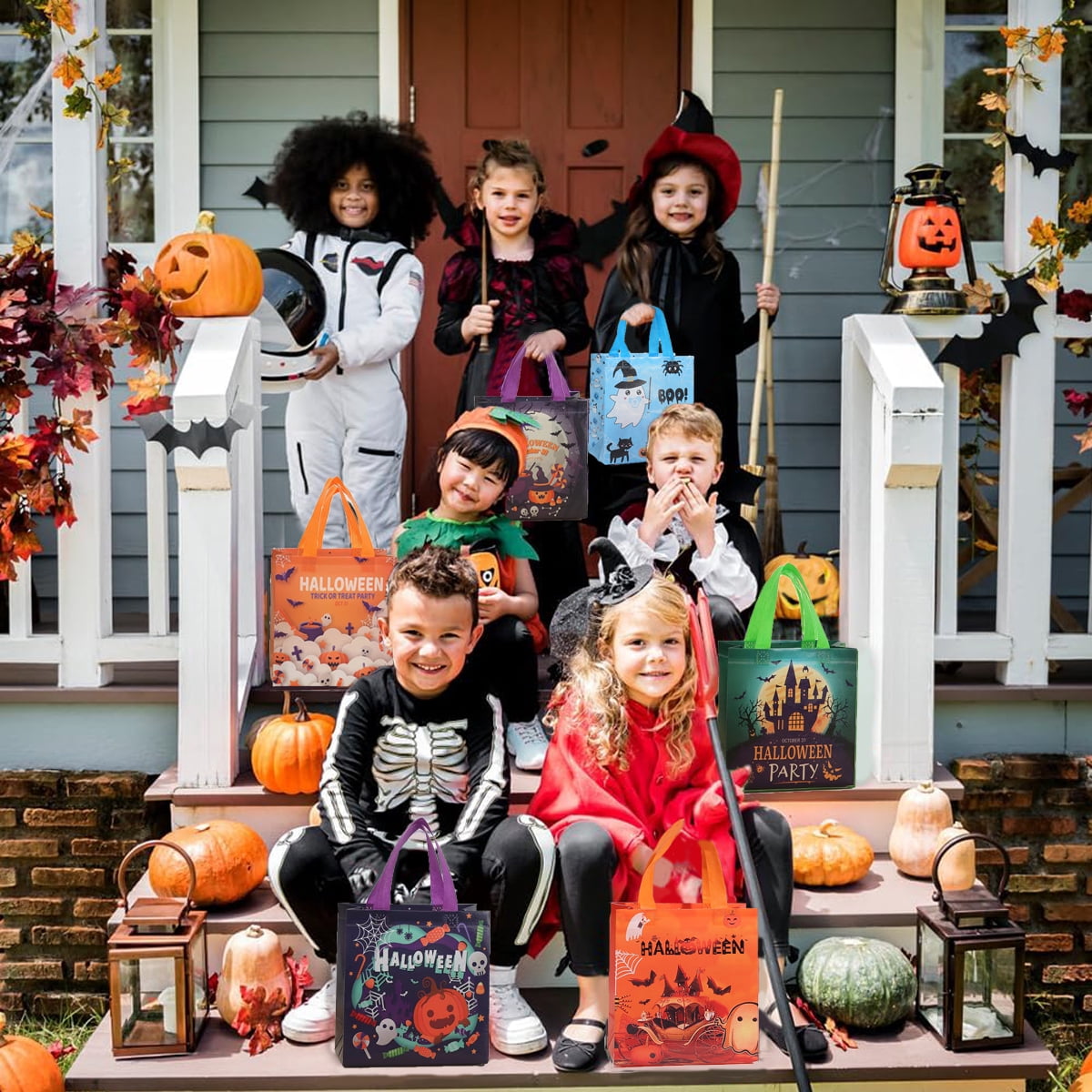 12 Packs Halloween Trick or Treat Bags, Reusable Non-Woven Gift Tote With Handles, Goodie Bags for Party Supplies, 9.06*8.66*4.33