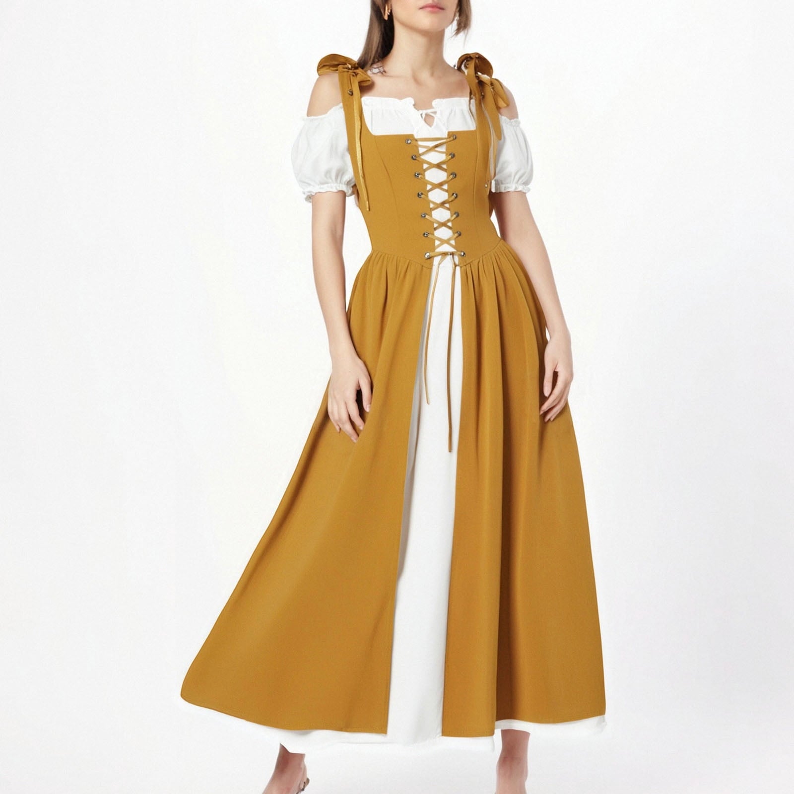 QATAINLAV Renaissance Costume Women Vintage Medieval Dress Cold Shoulder Short Sleeve Peasant Pirate Irish Maxi Dresses, Black, L