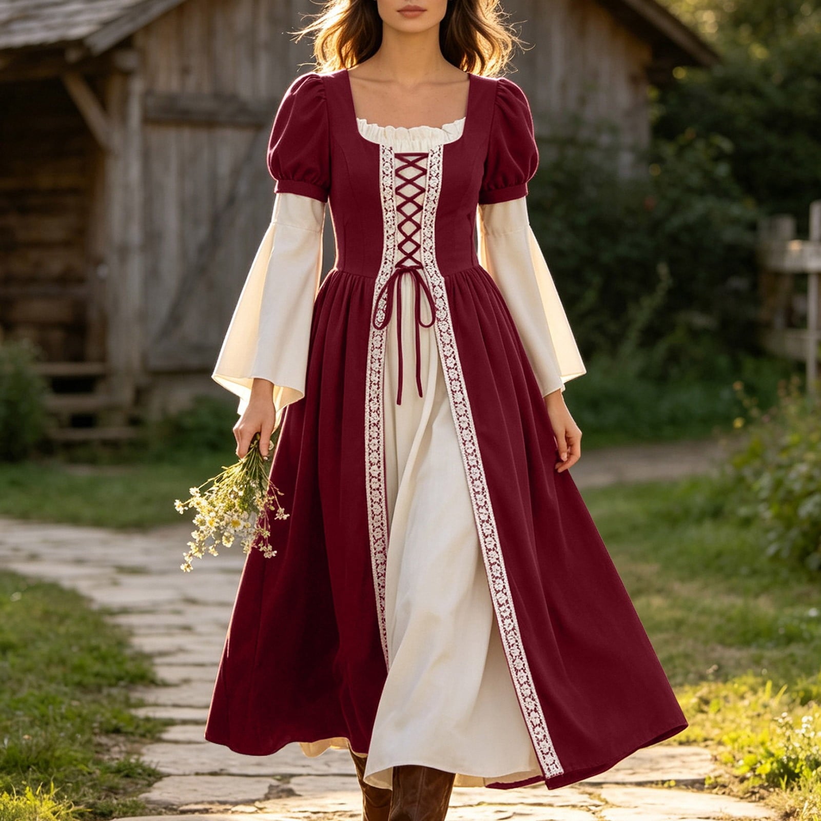 Hurxie Renaissance Costume Women Peasant Medieval Dress Maxi Fairy Dresses with Bell Sleeve Vintage Ren Faire Outfit