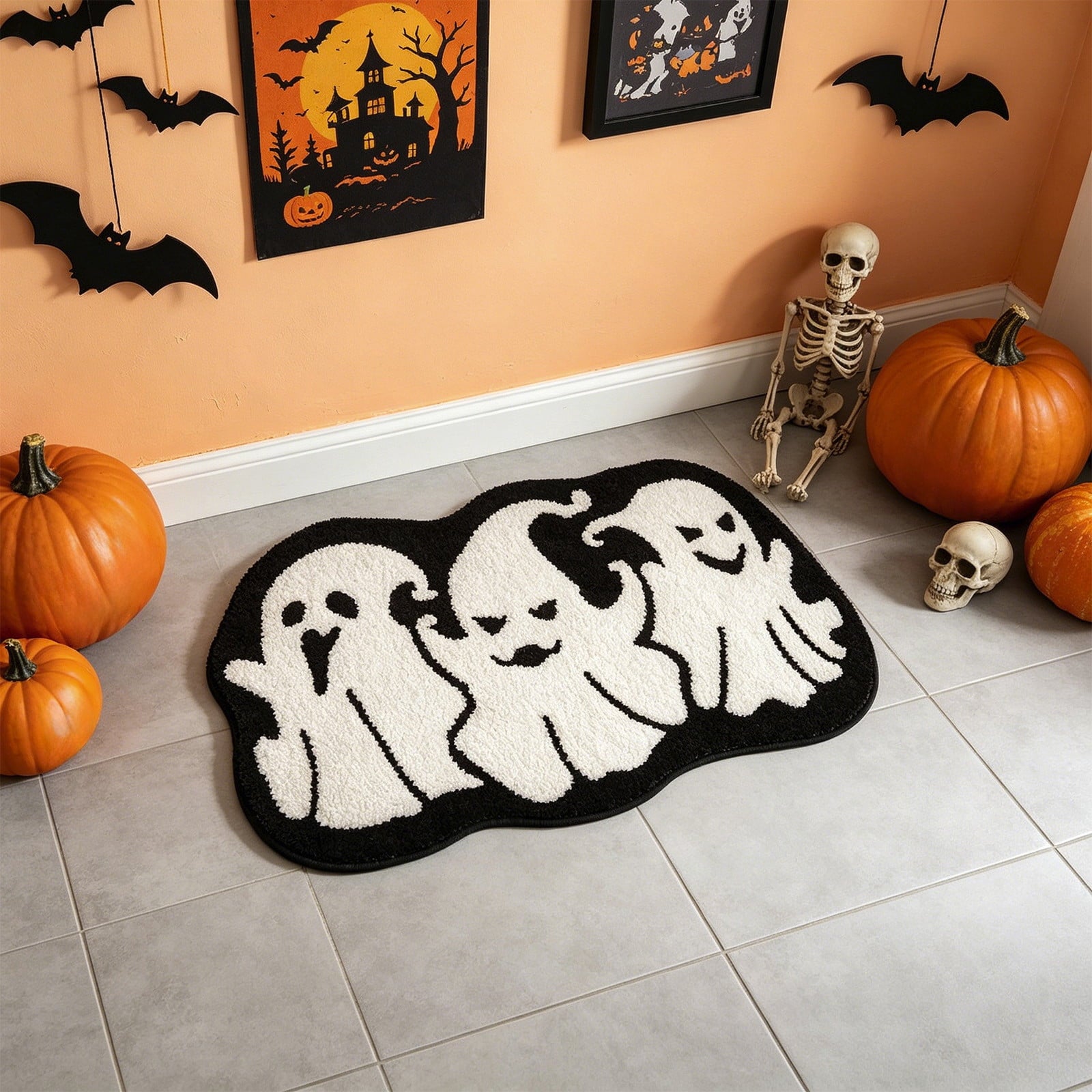 Halloween Doormat Ghost Bath Mat 23.6x15.7in Secure-Grip Absorbent Soft Faux Fur Rug for Bathroom Bedroom Living Room Decor by OVFUIZ