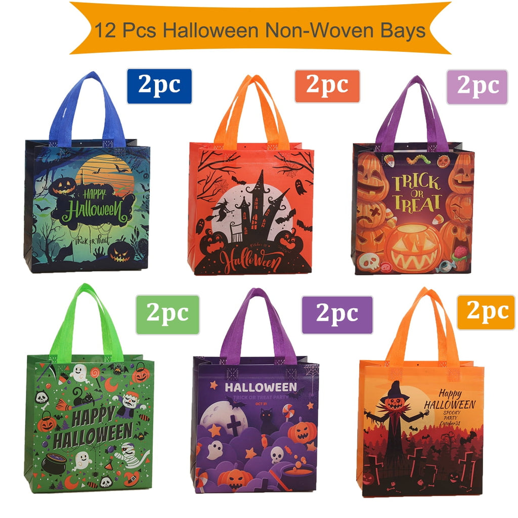 12 Packs Halloween Trick or Treat Bags, Reusable Non-Woven Gift Tote With Handles, Goodie Bags for Party Supplies, 9.06*8.66*4.33