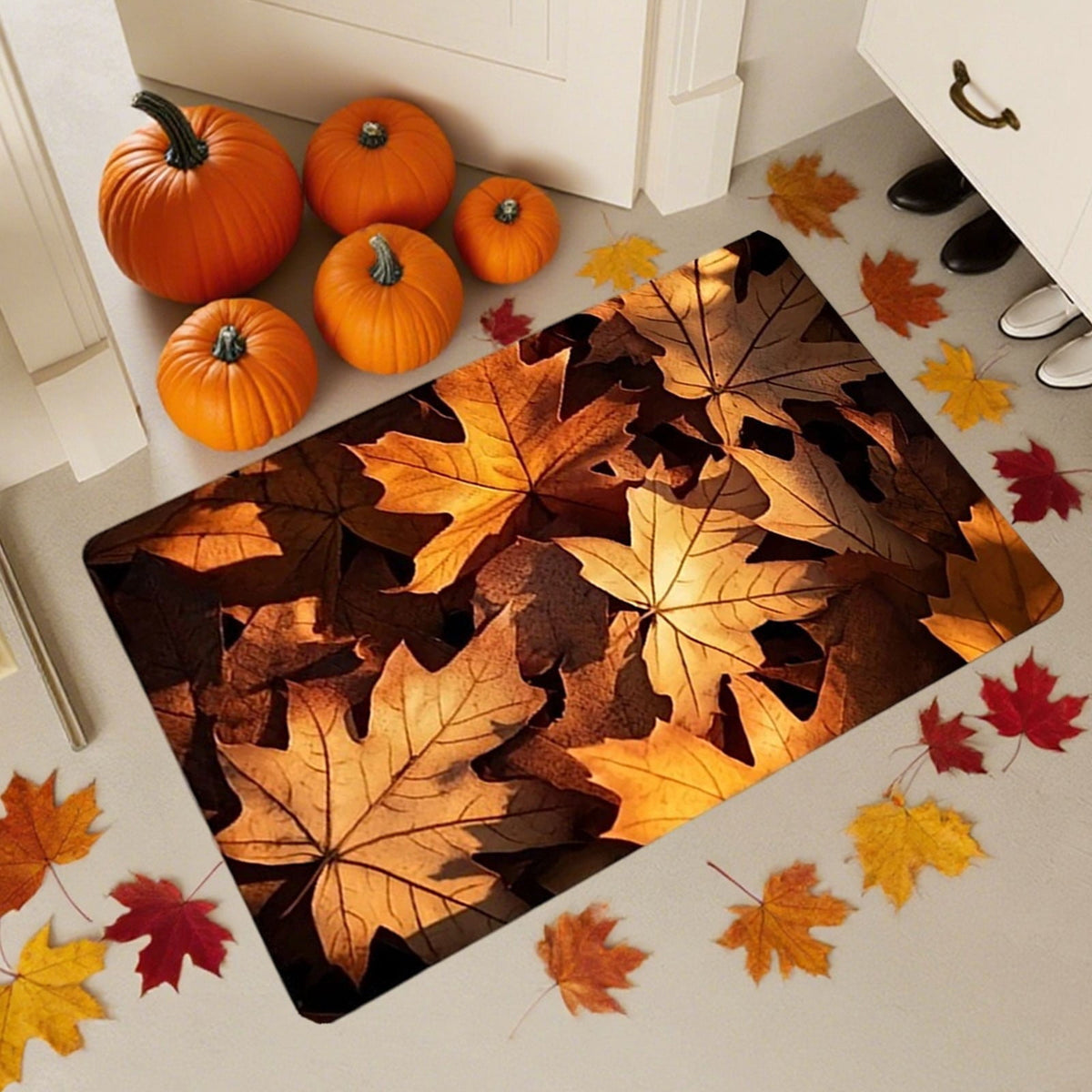 syligr Halloween Thanksgiving Doormat with Maple Leaf & Pumpkin Patterns - Non-Slip Floor Mat for Entryway, Kitchen, Porch, Fall Harvest Decor Rug with Anti-Fatigue Backing, Gift for Thanksgiving