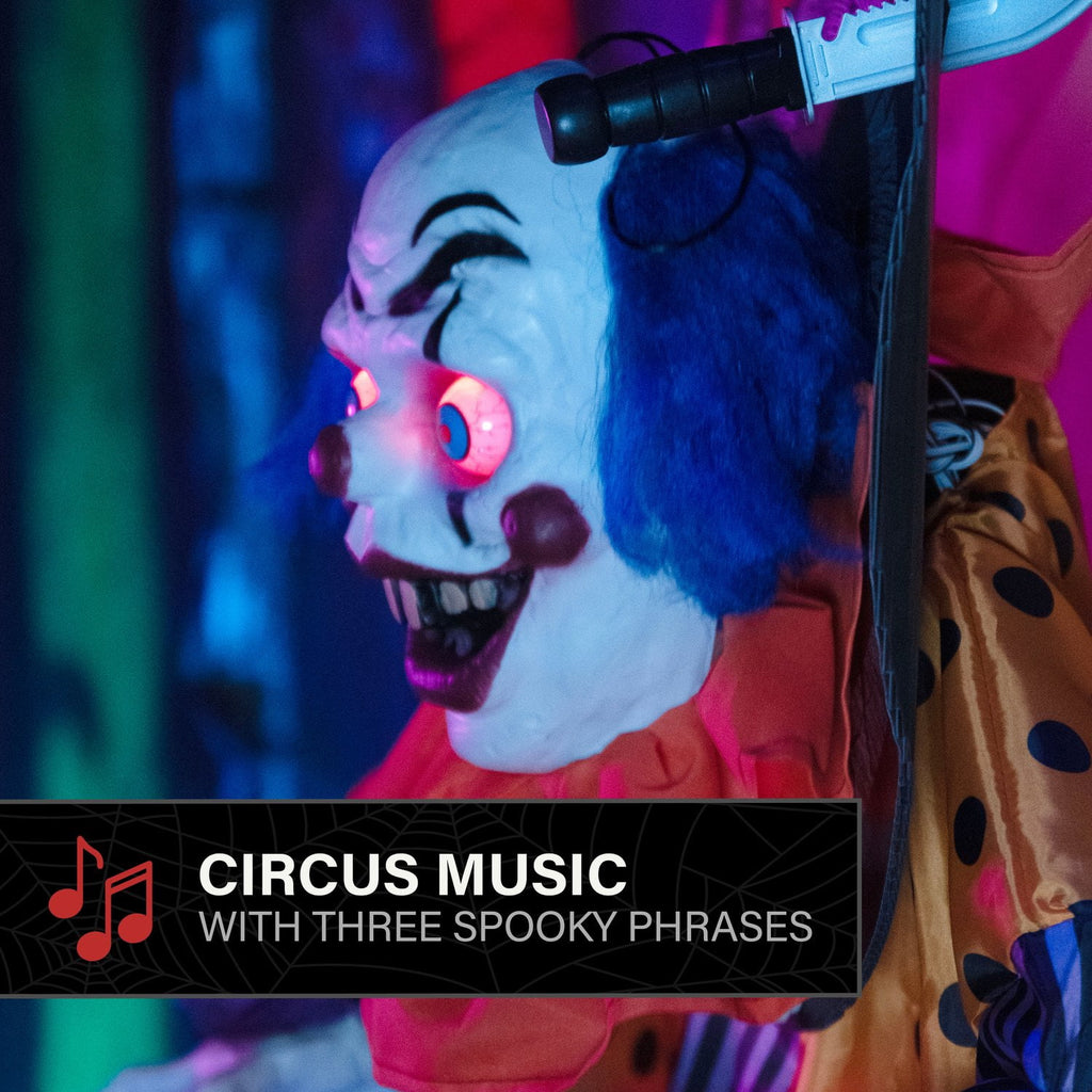 Animated Clown Halloween Animatronic with Red Eyes & Twisting Head, 5.3-Ft, by Haunted Hill Farm