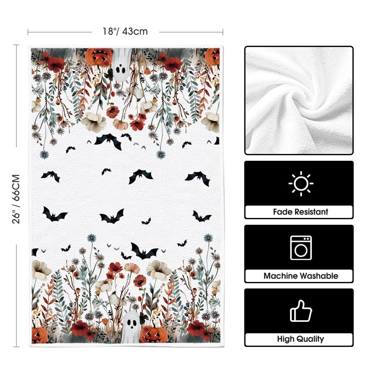 Sm:)e Ghost Pumpkins Bats Floral Spooky Halloween Kitchen Towels Dish Towels, 18x26 Inch Jack-O'-Lantern Decoration Hand Towels Set of 2