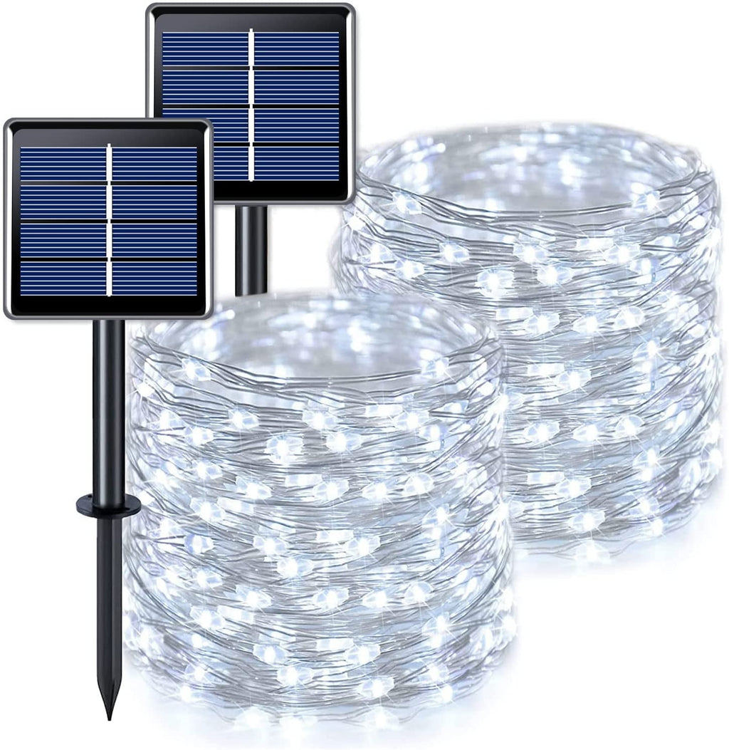 2 Pack Solar Fairy Lights Outdoor 33ft 100 LED Solar Powered Copper Wire Lights 8 Modes Waterproof for Garden Tree Patio Wedding Party Decor,Cool White