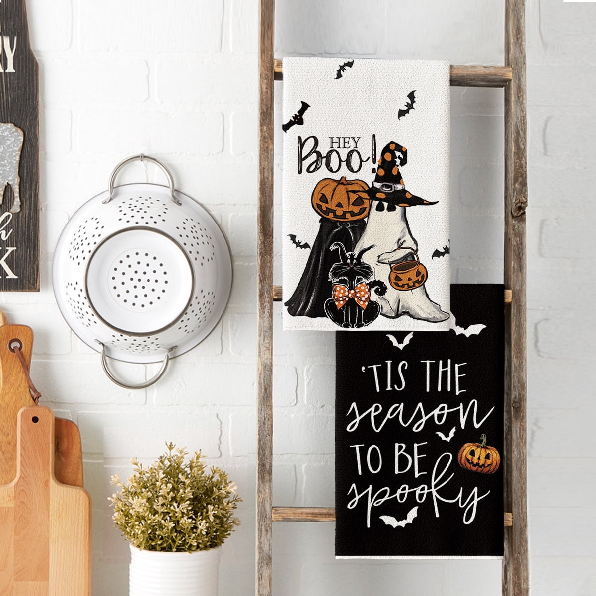 Sm:)e Spooky Pumpkin Ghost Boo Bat Halloween Kitchen Dish Towels 2 Set 18 x 26 inch