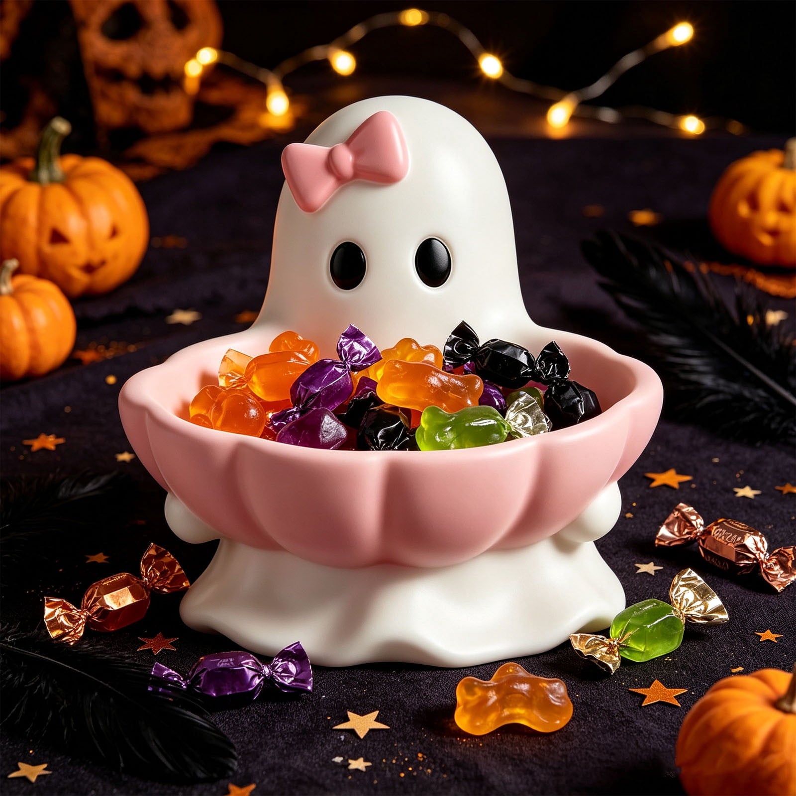 Pink Halloween Decor Ghost Candy Bowl Figurine with Bow and Scalloped Holder for Indoor Tabletop Decor and Party Favor Display