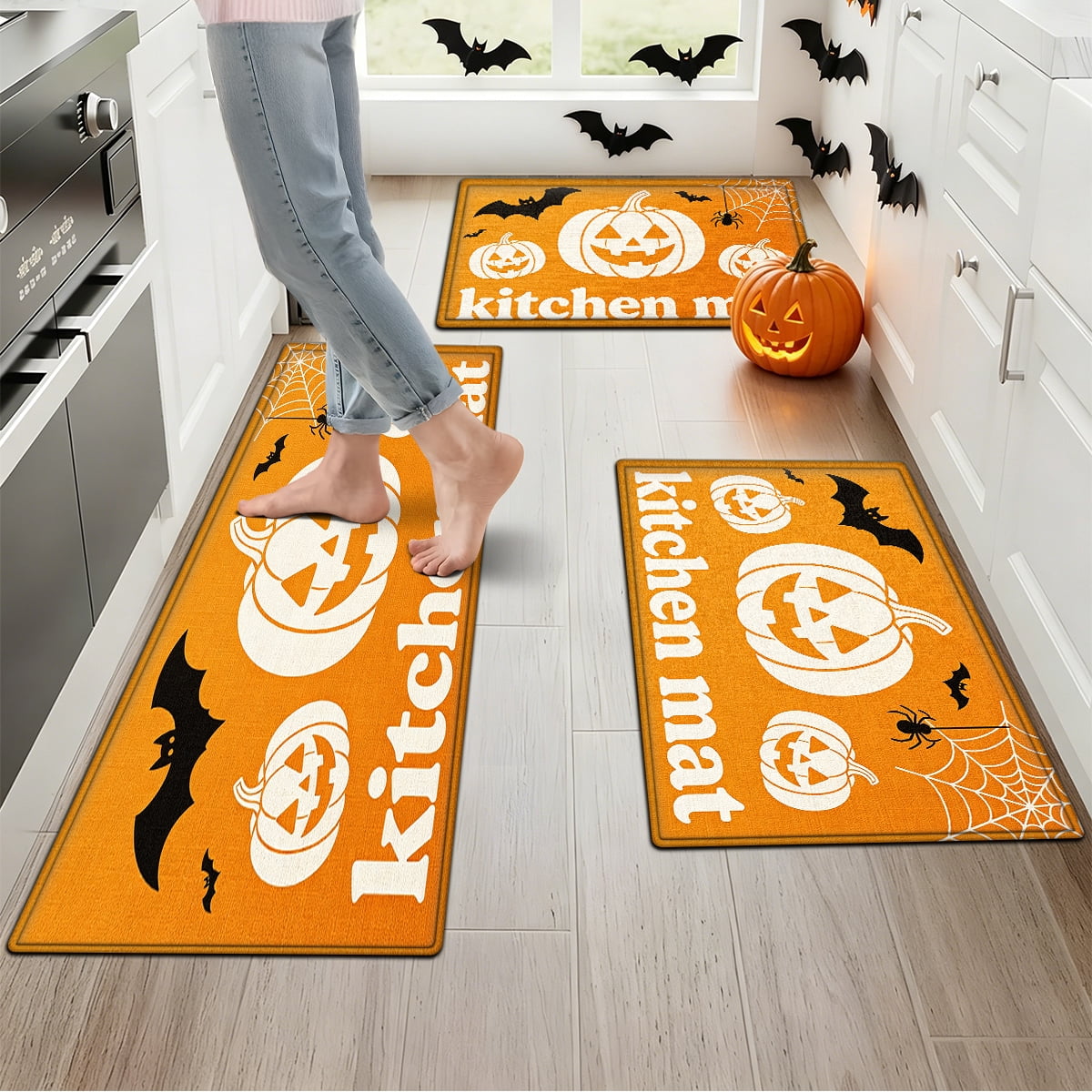 YIMEIS Halloween White Pumpkin Multi-purpose 3-Piece Flannel Mat and Kitchen Rugs,Soft Non-slip for Home Bedroom Bathroom