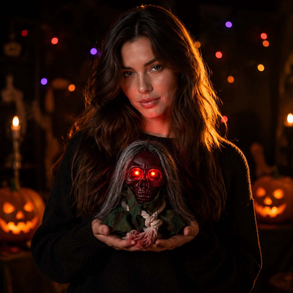 Animated Walking Skull Head with Light-Up Red Eyes Creepy Moving Halloween Prop with Long Grey Hair Horror Music Motorized Resin Decoration for Party Yard Indoor Outdoor Spooky Decor Gift