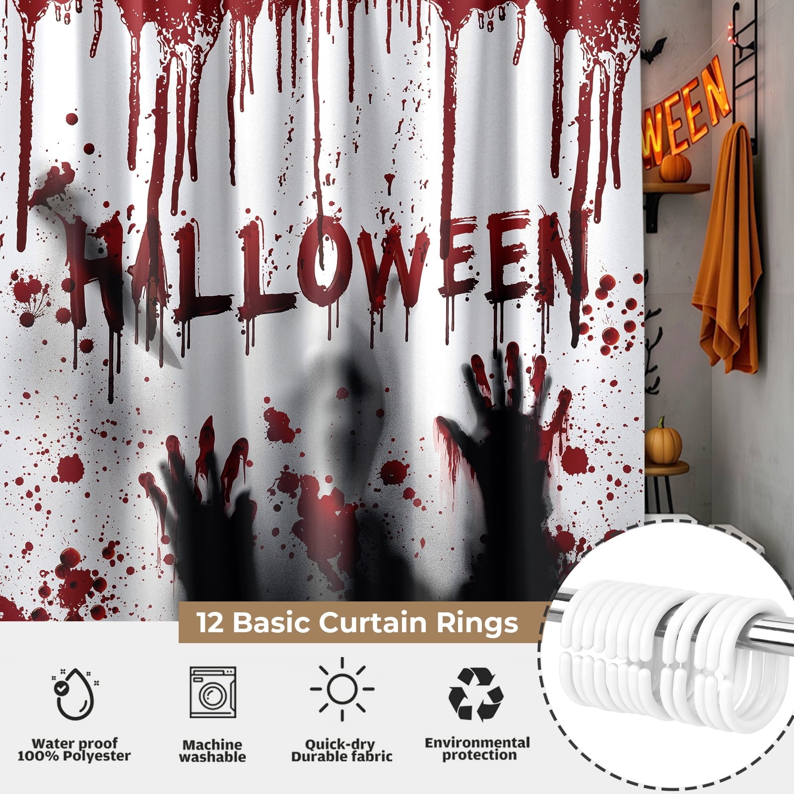 Seasonwood Halloween Shower Curtain,Spooky Halloween Black Cat Shower Curtain,Waterproof Halloween Bathroom Decor with 12 hooks,72"x72"