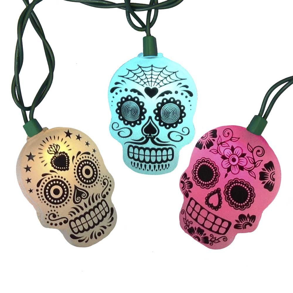 Set of 10 Day of the Dead Color Changing Skull LED Halloween Lights - 11' Green Wire