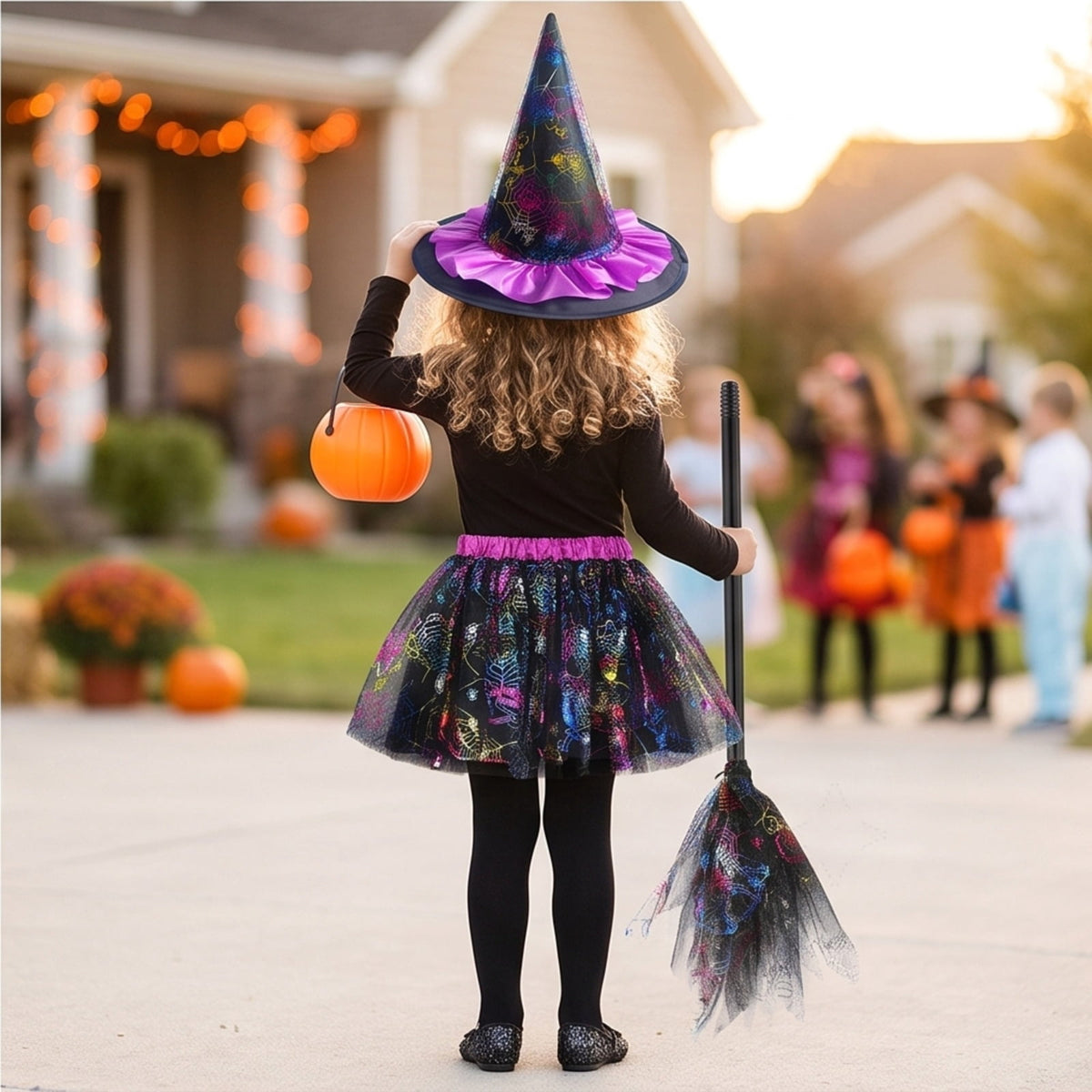 choiix Witch Tutu Skirt and Hat Set with Broomstick Halloween Costume Outfit with Printed Tulle Skirt and Witch Hat Cosplay Outfit for Party 100