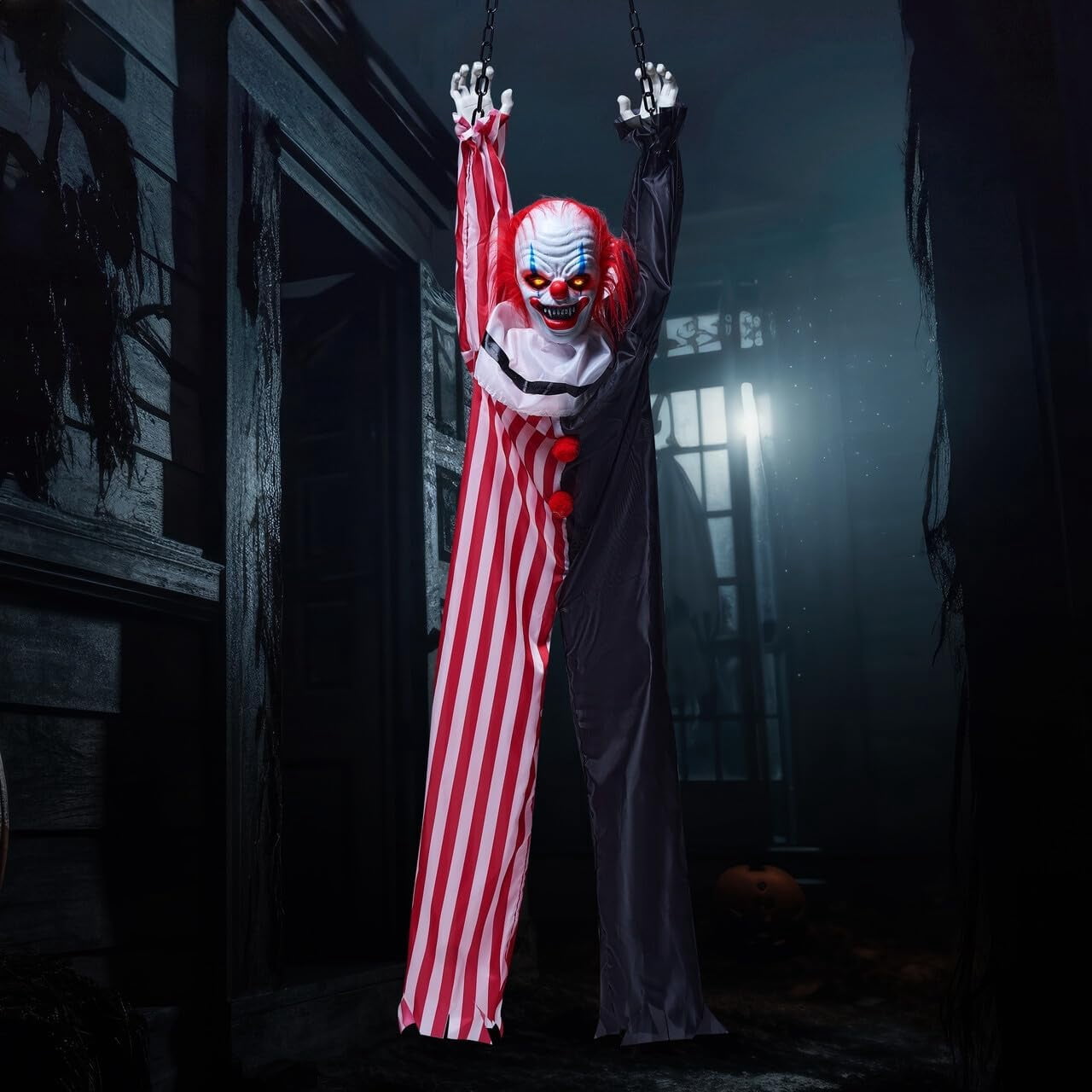 Joyfy 65" Halloween Hanging Scary Clown Decorations with Chain, with LED Lights Talking Animatronics Decor Outdoor Indoor for Haunted House Lawn Yard Patio
