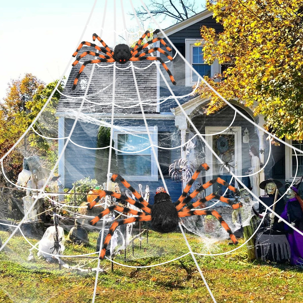 Innens 11.8ft Halloween 144 LED Purple Spider Web Lights with 35" Giant Spider Light up Cobweb Halloween Decorations for Indoor Ourdoor Garden Yard Home Patio (Black, 1Pc)