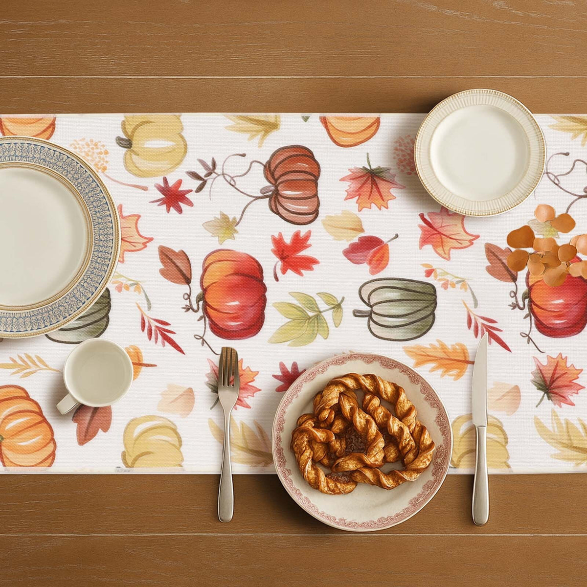 OVZME Joyce Fall Leaves Table Runner for Kitchen Dining Table, Thanksgiving Autumn Printed Harvest Pumpkins Maple Leaves for Halloween Holiday Home Decorations, Water-Proof, Washable, 13" W x 90" L