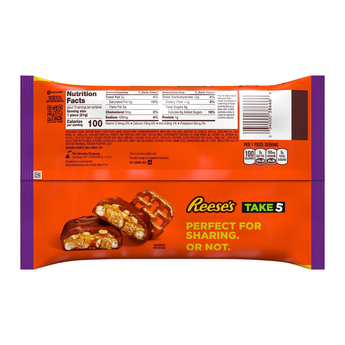 (2 pack) Reese's Take 5 Pretzel, Peanut and Chocolate Snack Size Halloween Candy, Bag 11.25 oz