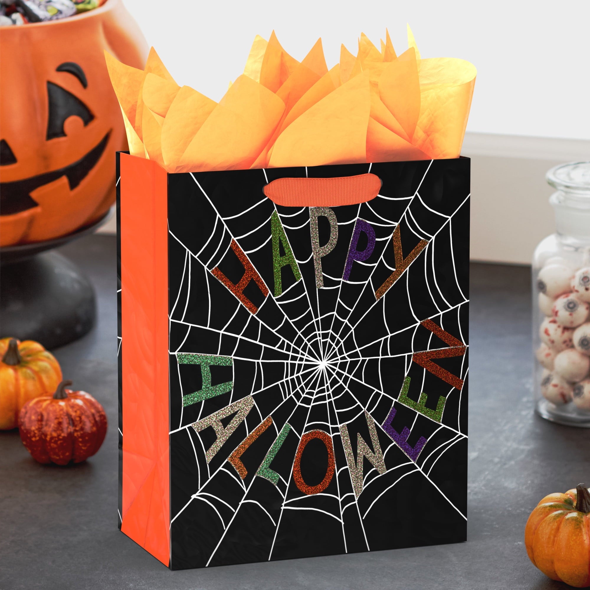 Hallmark Medium Halloween Gift Bag (Glittery Spiderweb on Black), 1 Count