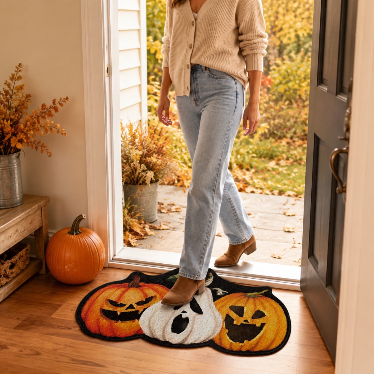 BingTong Cartoon Ghost Themed Fall Welcome Mat,Variety Spooky Adorable Ghost Shape Entryway Rug,Weather Resistant Low Profile Door Mat for Home Apartment Cafe Halloween Decoration Ghost F
