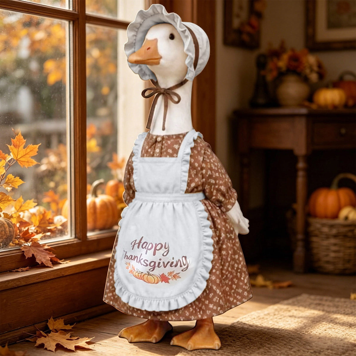 Thanksgiving Harvest Outfit for 23" Porch Goose, Goose Fall Theme Dress in White&Orange with Headwear Fall Harvest Decor for 23" Goose Outdoor Patio Yard Lawn Decoration