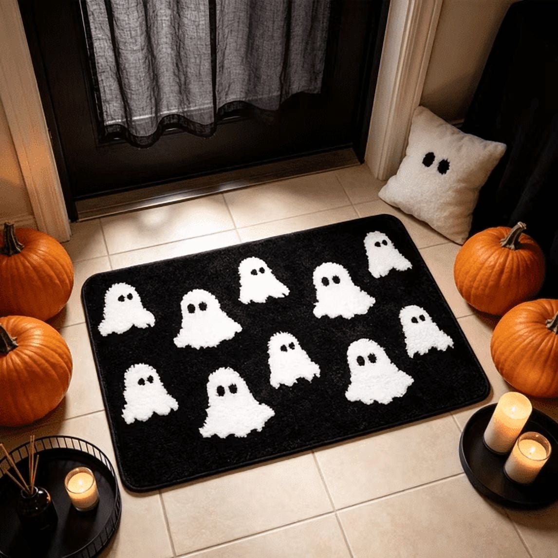 Halloween Doormat Ghost Bath Mat 23.6x15.7in Secure-Grip Absorbent Soft Faux Fur Rug for Bathroom Bedroom Living Room Decor by OVFUIZ