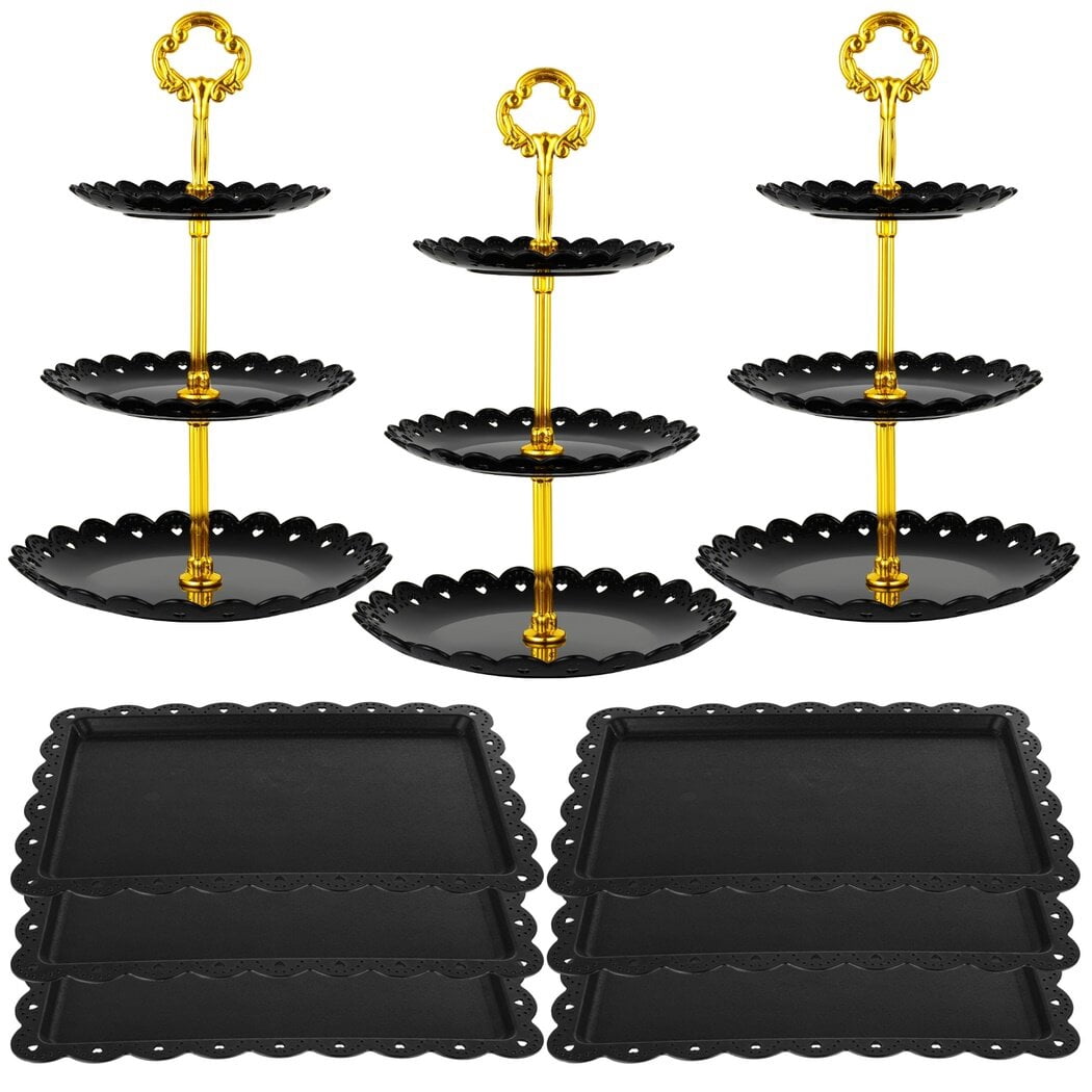 9 Pcs Dessert Table Display Set, 3 Pcs 3-Tiered Cupcake Stands & 6 Pcs Square Dessert Serving Trays, Elegant Cake Stands Fruit Trays for Birthday, Wedding, Tea Party, Halloween