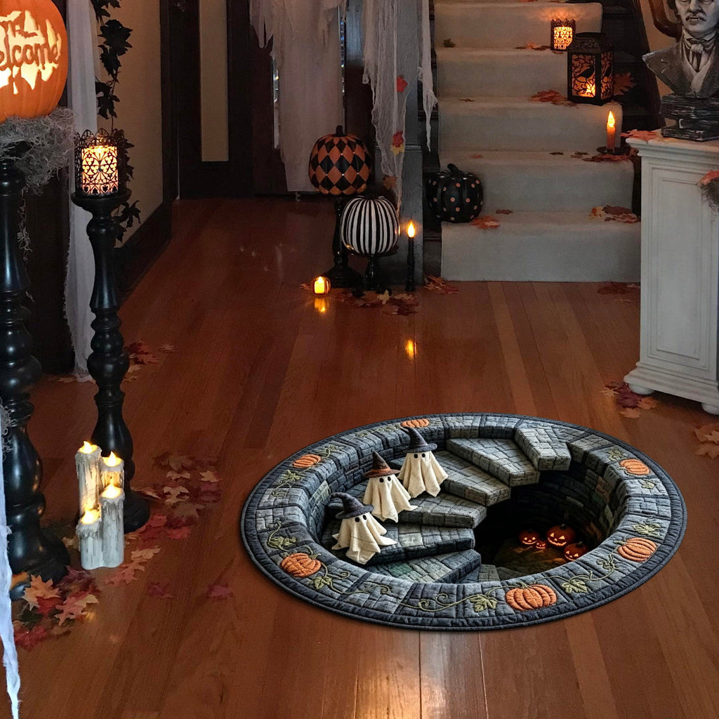 Halloween Round Rug 50cm Optical Illusion, Spooky Ghost Pumpkin Skull Mat, Non-Slip Entryway Bedroom Doormat for Home Party Floor Decor