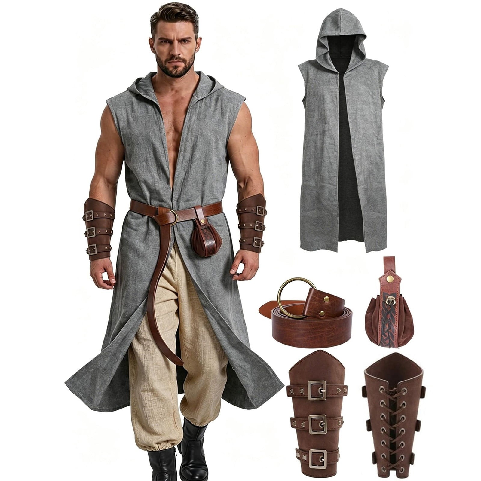Men's Medieval Vintage Viking 5-Piece Cosplay Costume Set Sleeveless Hooded Cape Belt and Bracers for Halloween