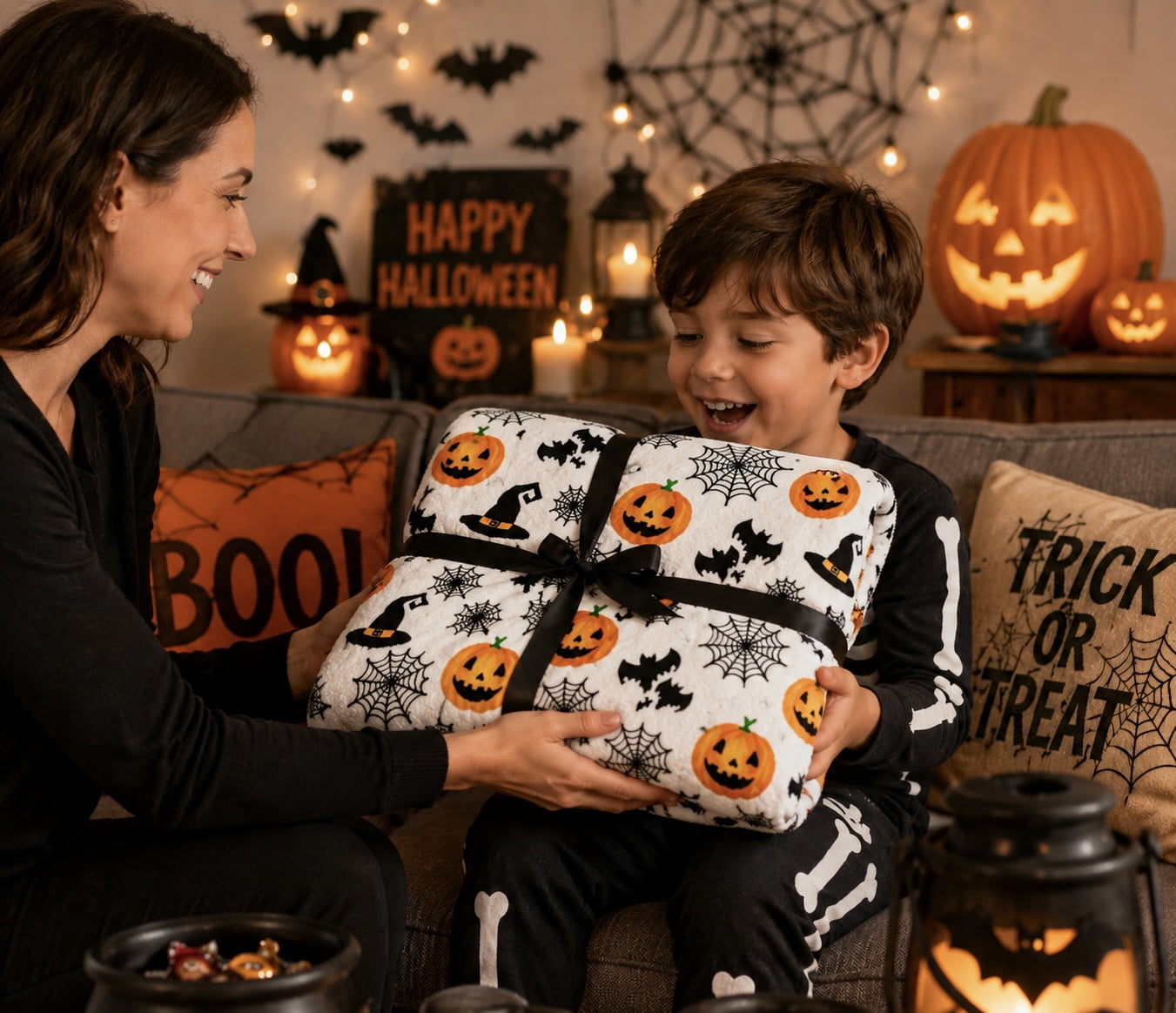 Serafina Home Halloween Throw Blanket: Fuzzy Boo! Jack O'Lantern Spider Webs Skull and Black Cats Print on Velvet Fleece for Sofa Bed Couch Chair Dorm
