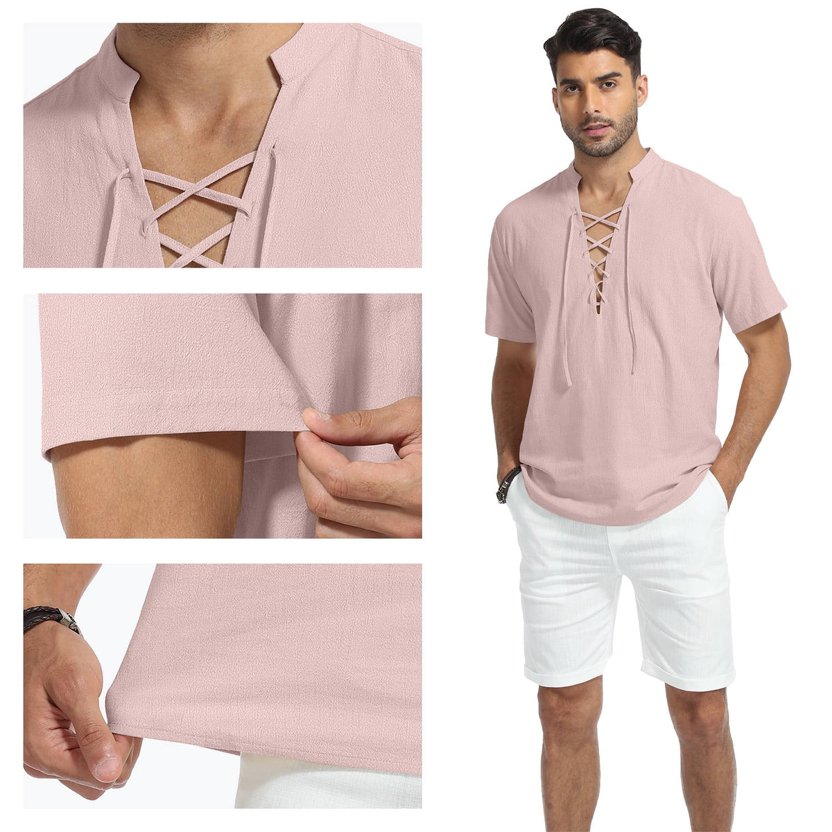 HAOMEILI Men's Cotton Linen Lace-Up V-Neck Short Sleeve Shirt