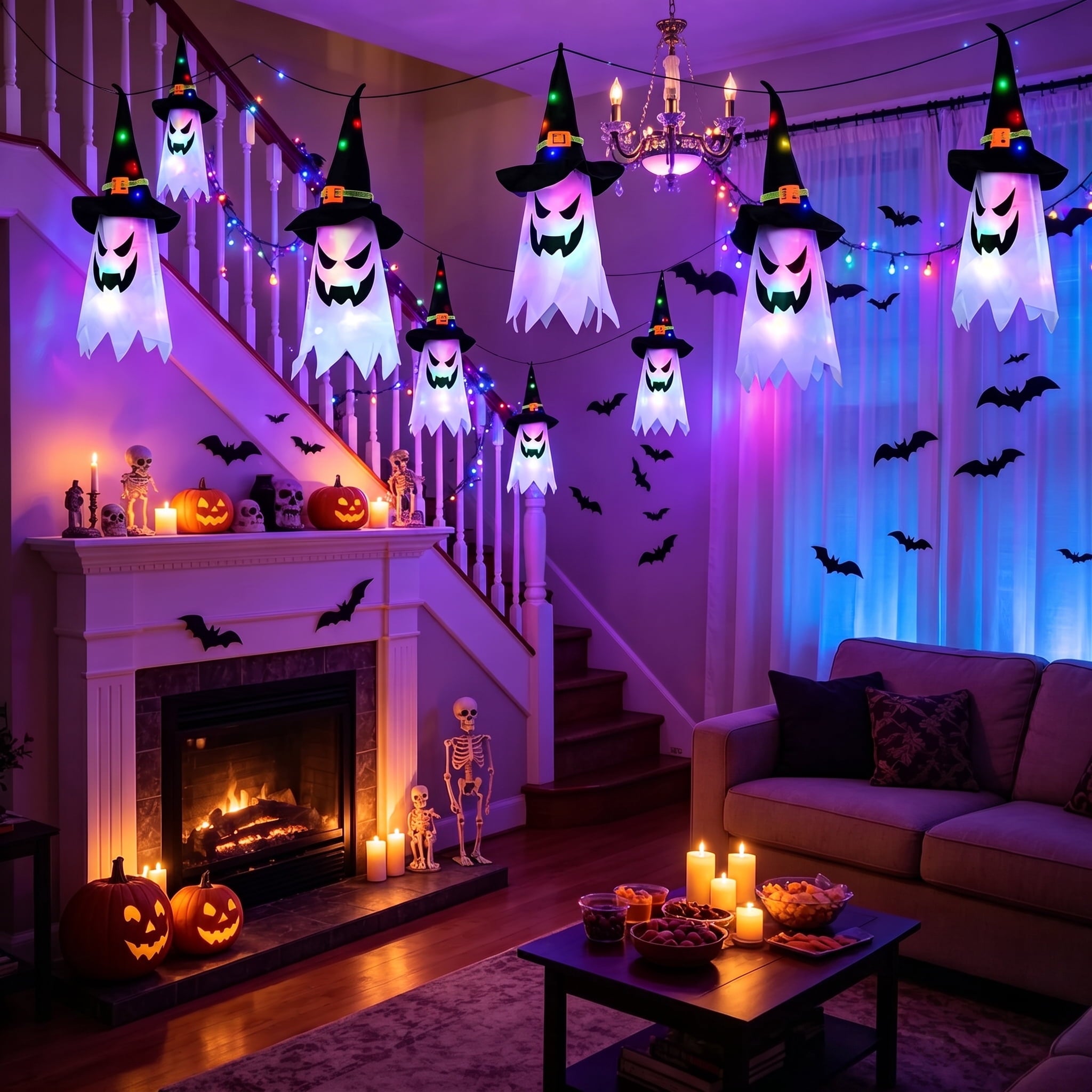 Scidweet Halloween Decorations Indoor Outdoor, 5 Pcs Halloween Lights Glowing Ghost Witch Hat Ornaments Gifts for Home Garden Yard