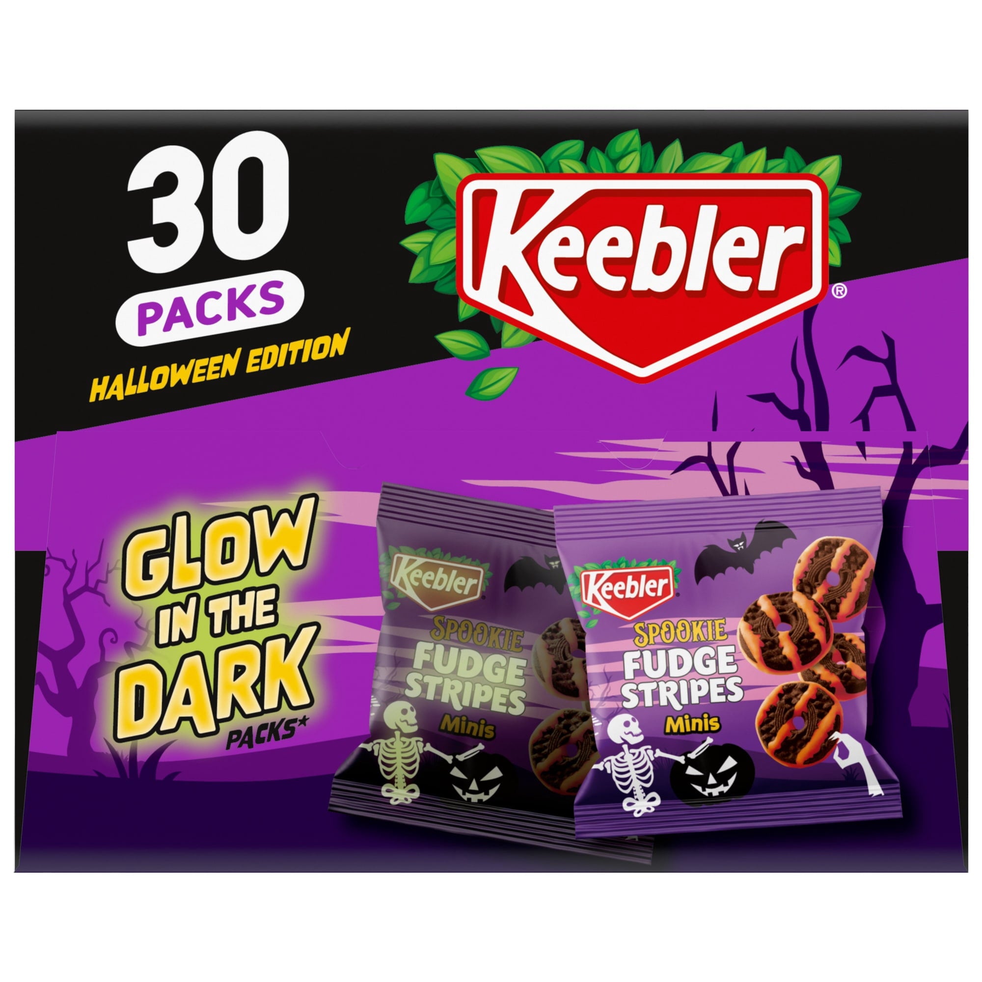 Keebler Spookie Fudge Stripes Minis, Halloween Candy, Chocolatey Cookies, 30 Glow-in-the-Dark Packs, 15 oz
