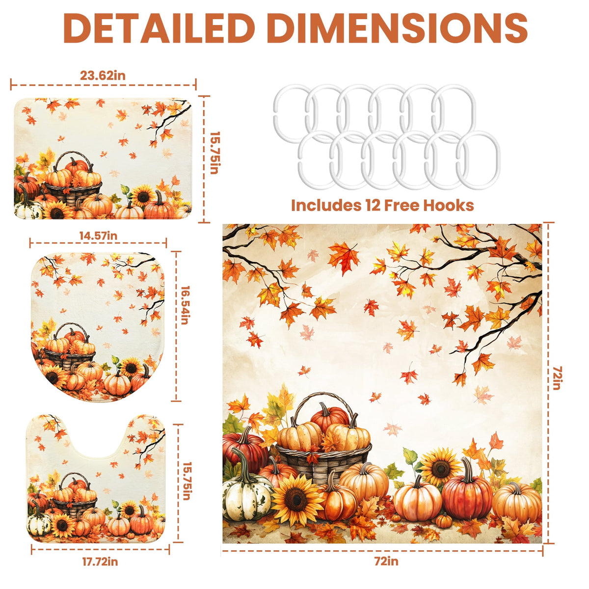 FRAMICS 16-Piece Fall Shower Curtain Sets with Rugs, Maple Leaves Pumpkin Bathroom Sets, Waterproof Fabric Bathroom Curtain Decor with Hooks