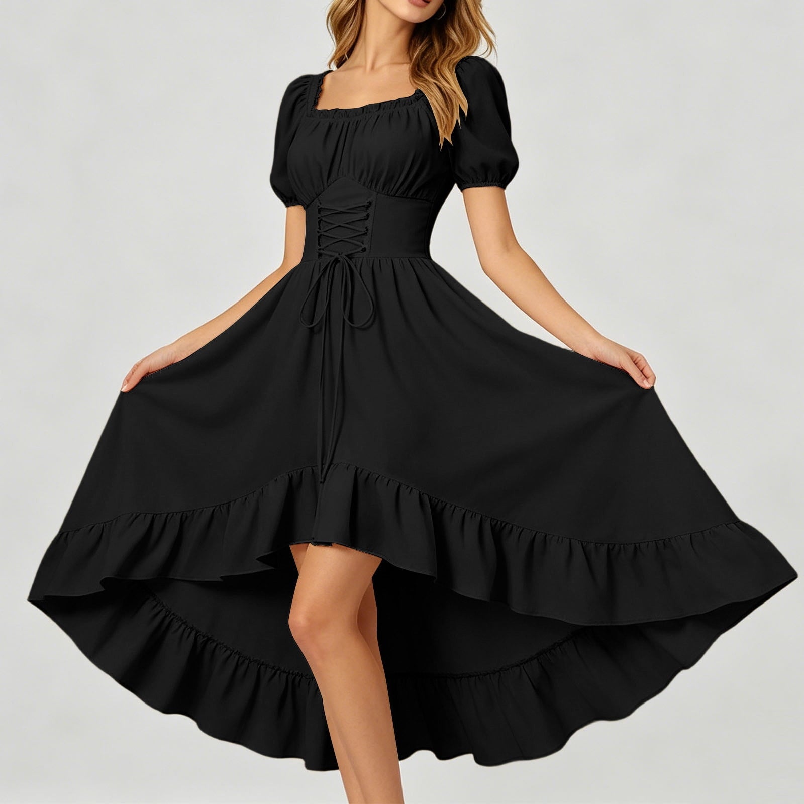 Gothic Dresses for Women Medieval Renaissance Halloween Costume Lace Up Corset High Low Ruffle Hem Square Neck Vintage Gown