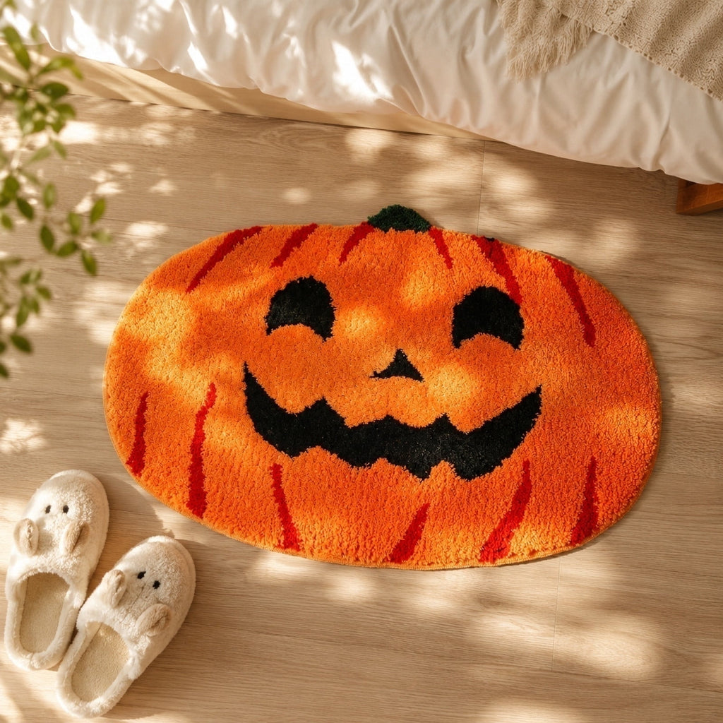 Halloween Pumpkin Bath Mat, Halloween Bathroom Decor Rug, Soft Non Slip Absorbent Floor Mat for Bathroom, Bedroom & Entryway, Halloween and Fall Decor, Jack O Lantern Door Mat