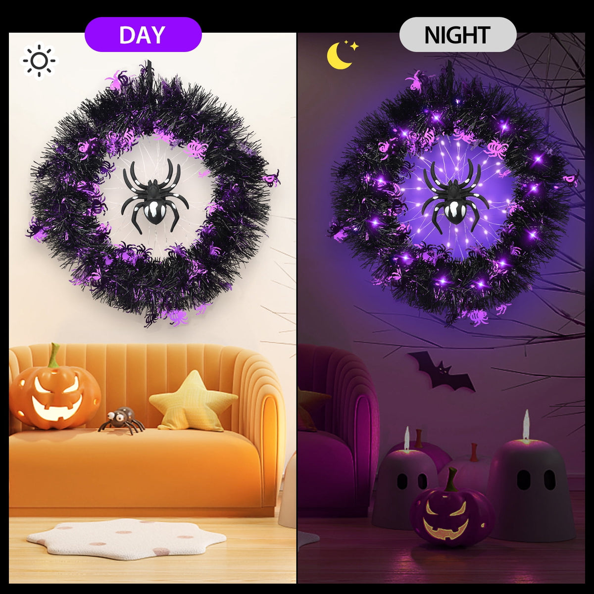 Halloween Wreath Halloween Spider Decorations Wreath with Lights, Halloween Spider Garland LED Halloween Door Wreath for Halloween Party, Halloween Decorations Outdoor Indoor Wall and Window